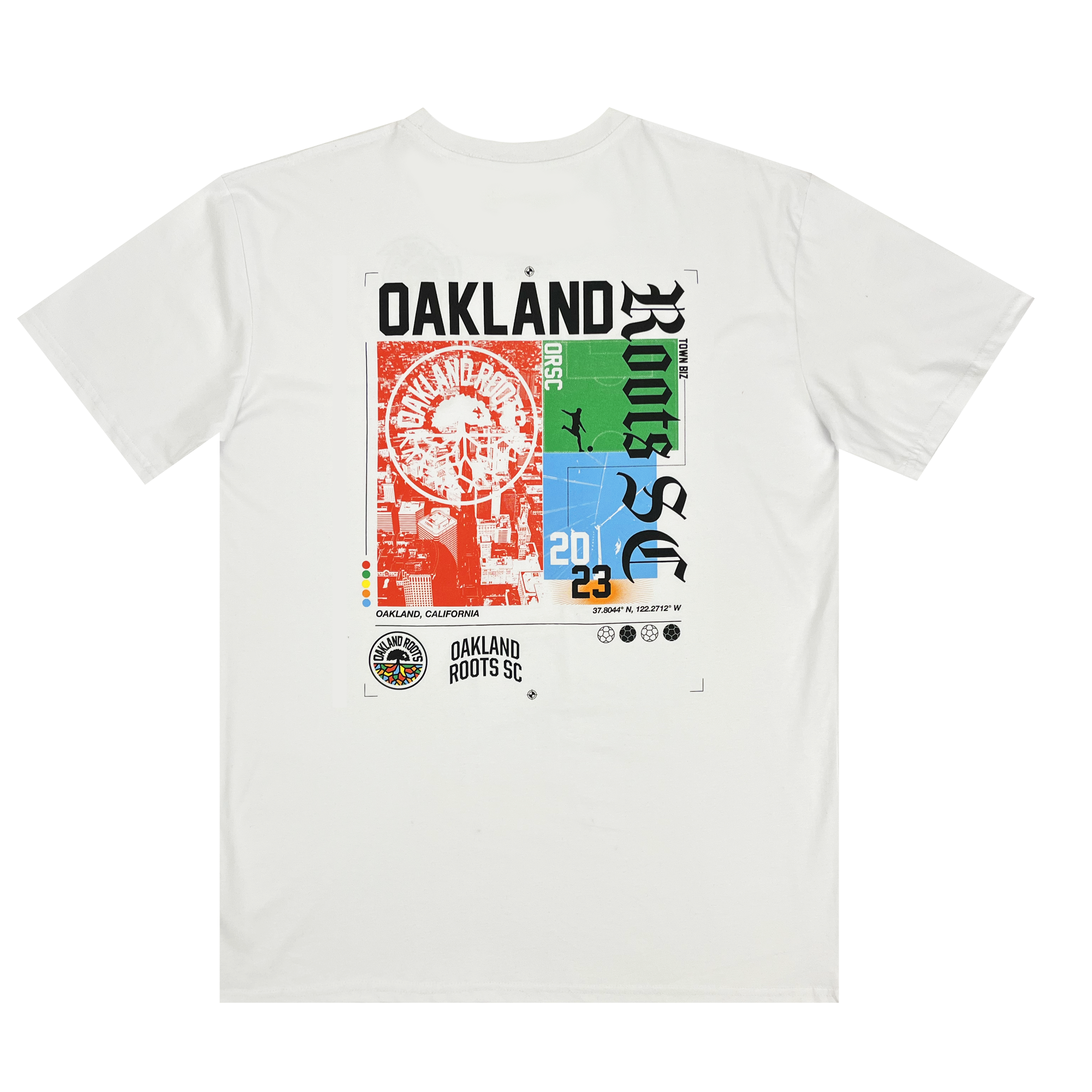 Backside view of a white cotton t-shirt with full-color Oakland Roots SC graphic with logos and wordmarks.