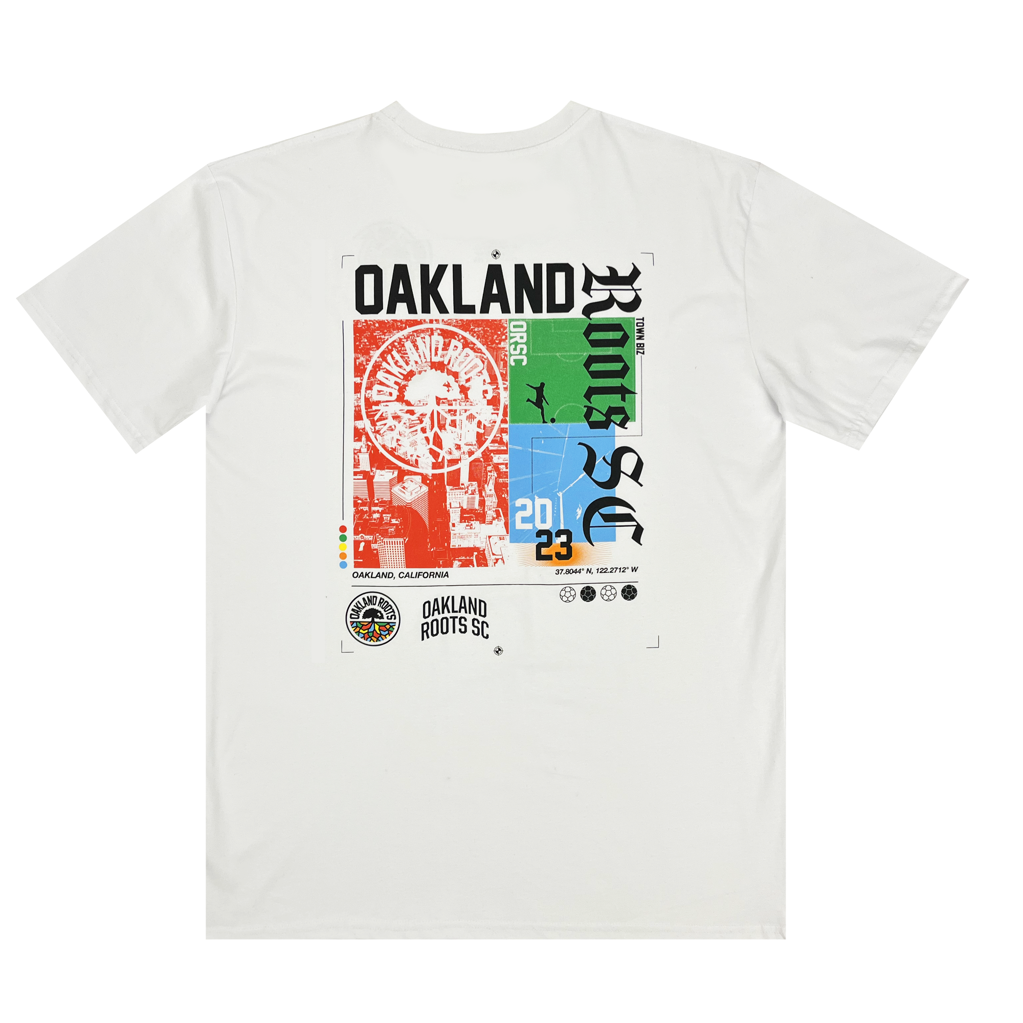 The Oakland Roots SC Futbol Town Tee showcases a lively graphic on the back, incorporating the "Oakland Roots SC" text, a circular logo, various geometric shapes, a Ferris wheel design, and the numbers "20" and "23" in multicolored blocks to highlight the year. The dynamic Sports Club design is enhanced by black and white texts and logos.