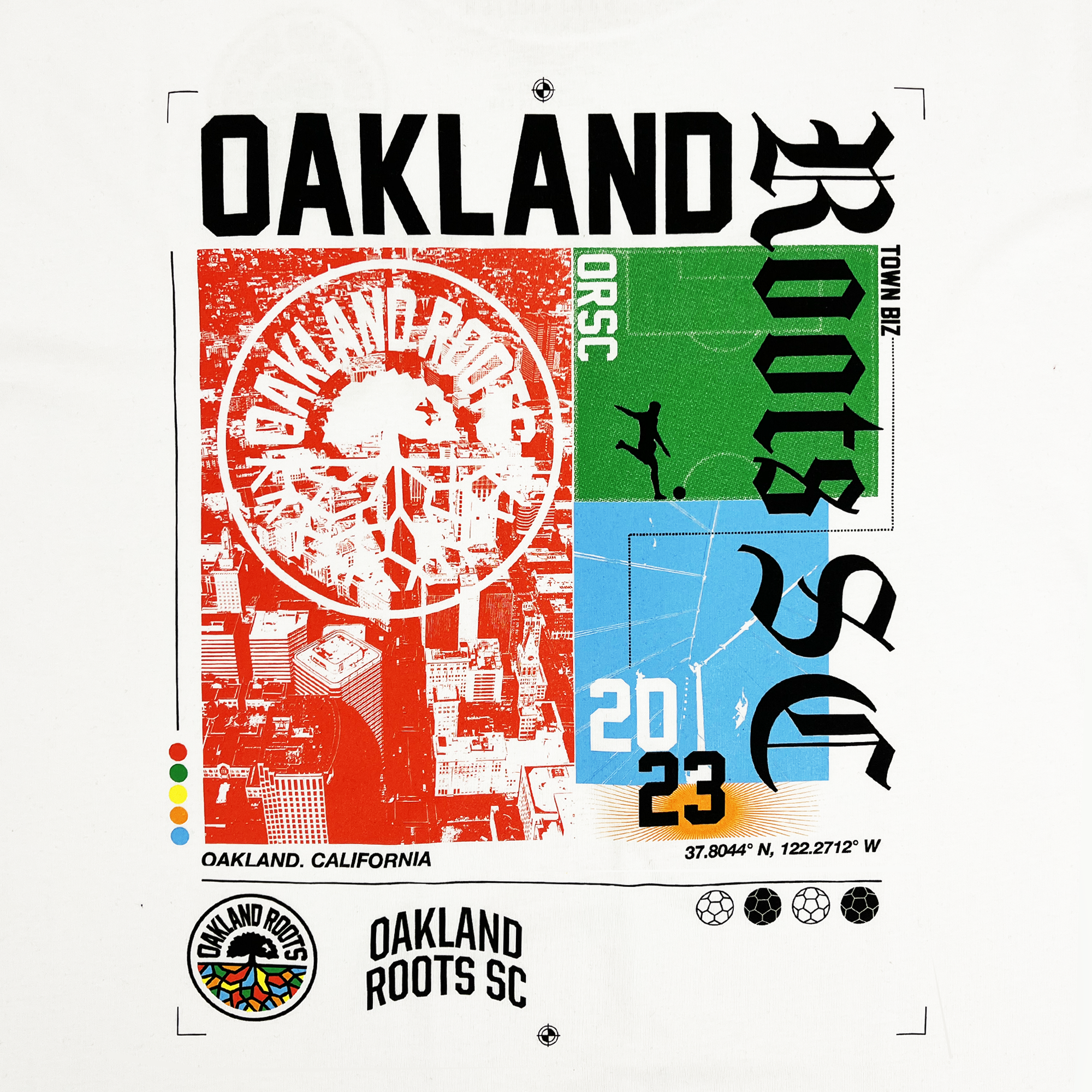 Close-up of full-color Oakland Roots SC graphic with logos and wordmarks on the back of a white t-shirt.