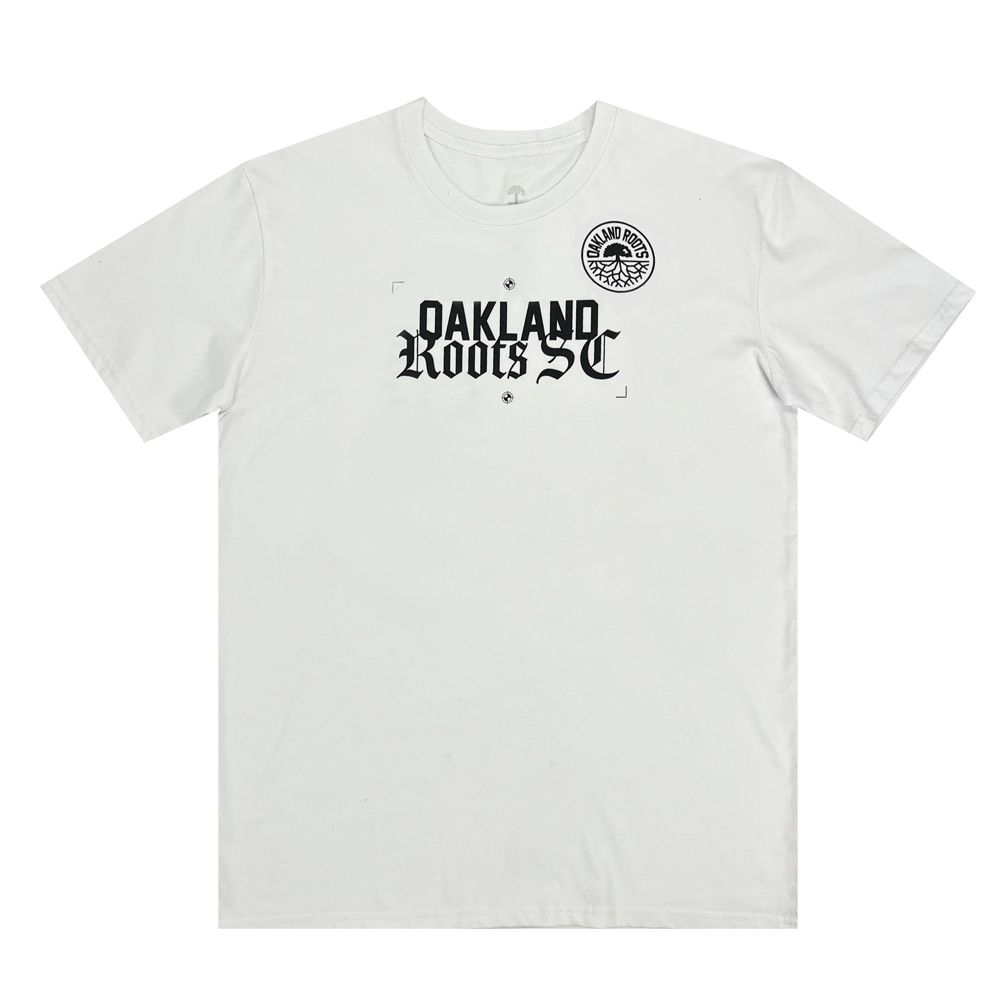 Front view of a white t-shirt with Oakland Roots SC wordmark with Old English script and black and white circle logo.