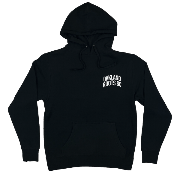 Black pullover hoodie with white OAKLAND ROOTS SC wordmark on the chest.