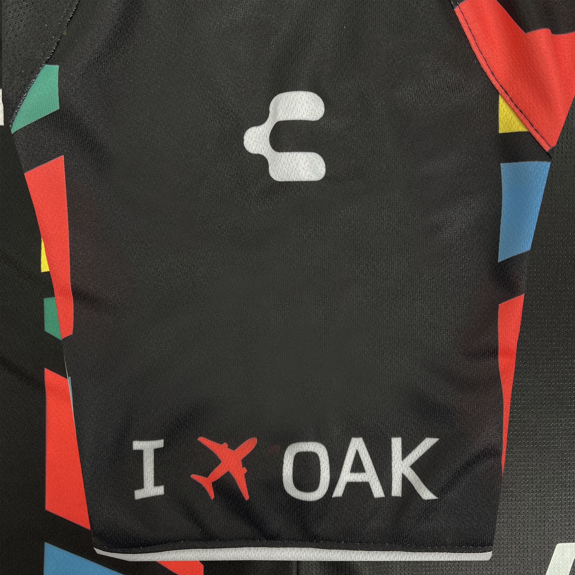 Detailed view of Charly and Port of Oakland logo on multicolored sleeve.