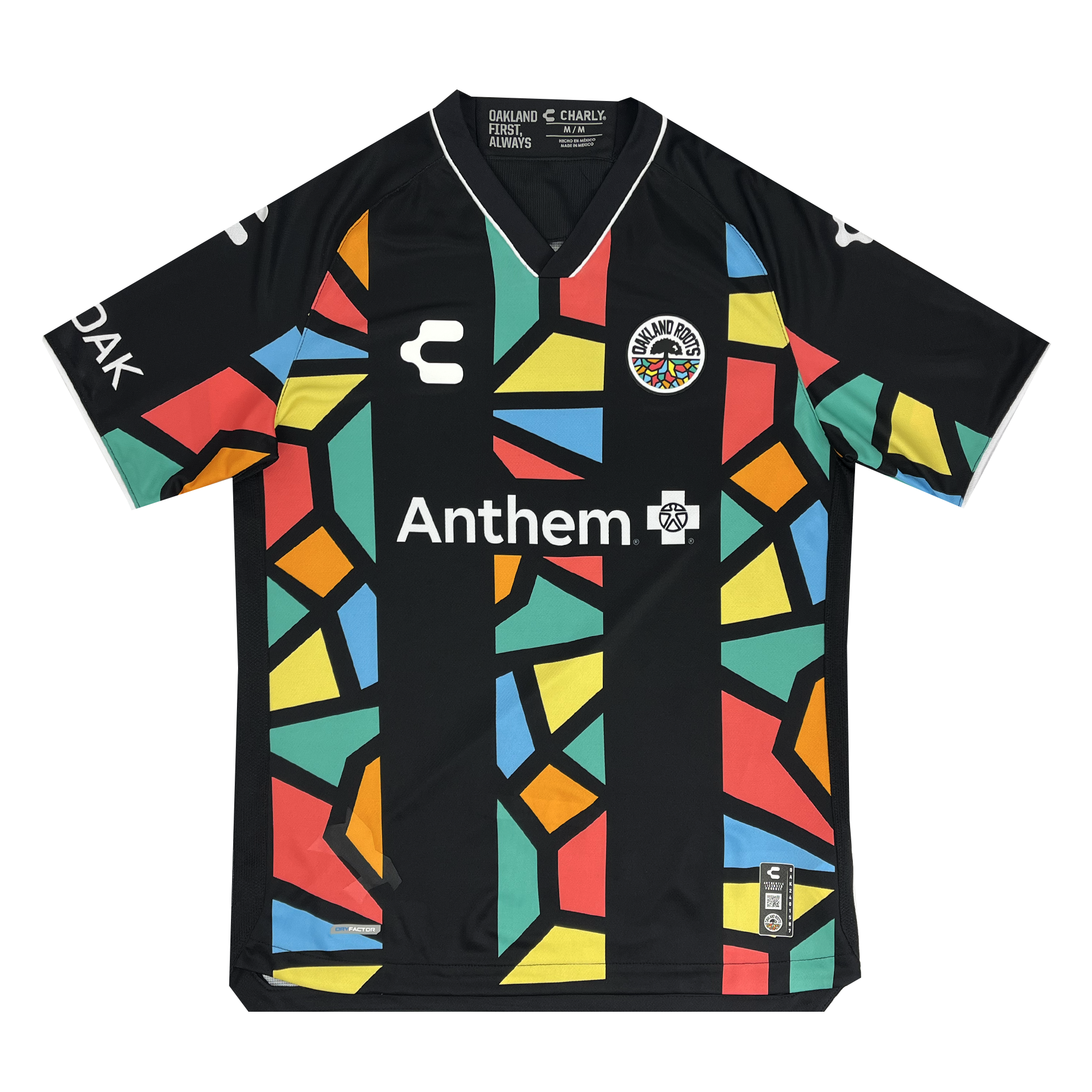 The Unisex Oakland Roots SC 2025 First Kit features a black V-neck soccer jersey with multicolored mosaic patterns on the front and sleeves, white "C" and emblem logos, and "Anthem" across the chest, reflecting Oakland Roots SC's inclusive spirit. Branding is visible on the collar.