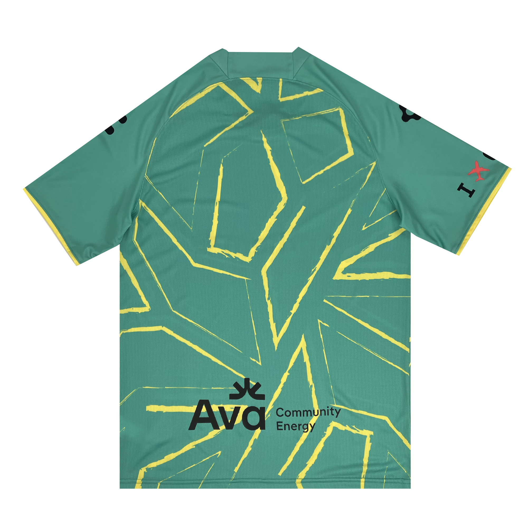 A green short-sleeve Unisex Oakland Roots SC Goalkeeper Kit featuring abstract mosaic tree branch-like patterns and yellow trim on the sleeves. The back showcases a black "Ava Community Energy" logo at the bottom, while the left sleeve displays "I" followed by a red "X" with a black heart on it. Perfect for representing Oakland's signature colors.