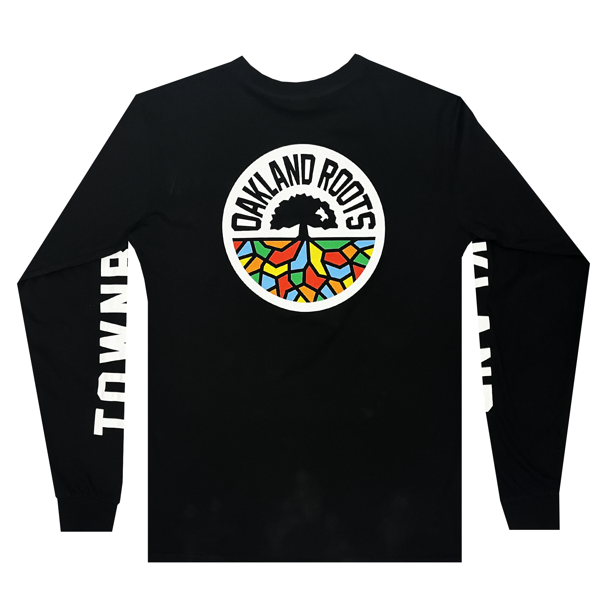This Oakland Roots SC Classic 2.0 LS Tee by Oakland Roots SC features the club's logo on the back, showcasing a black tree with spreading roots against a multi-colored geometric background within a white circle, and has "TOWNBIZ" printed in white capital letters along both sleeves.