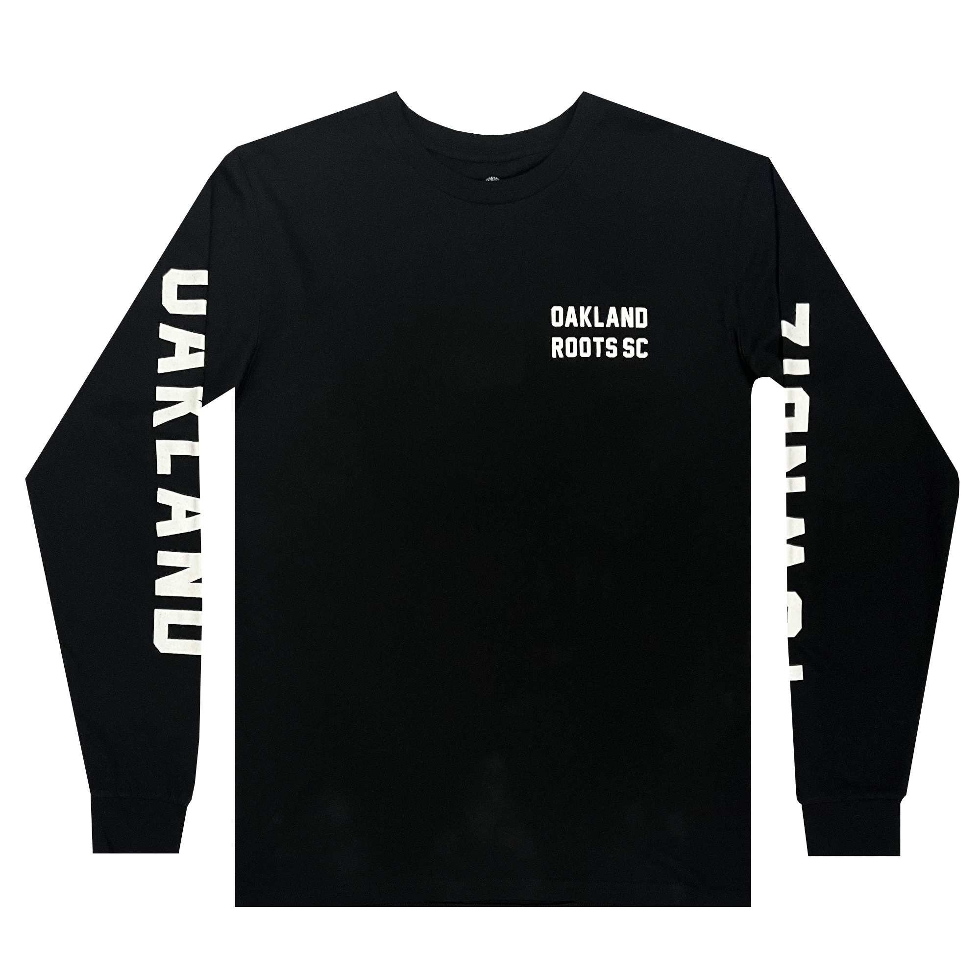 Front view of black long-sleeve shirt with white OAKLAND ROOTS SC on the chest. 