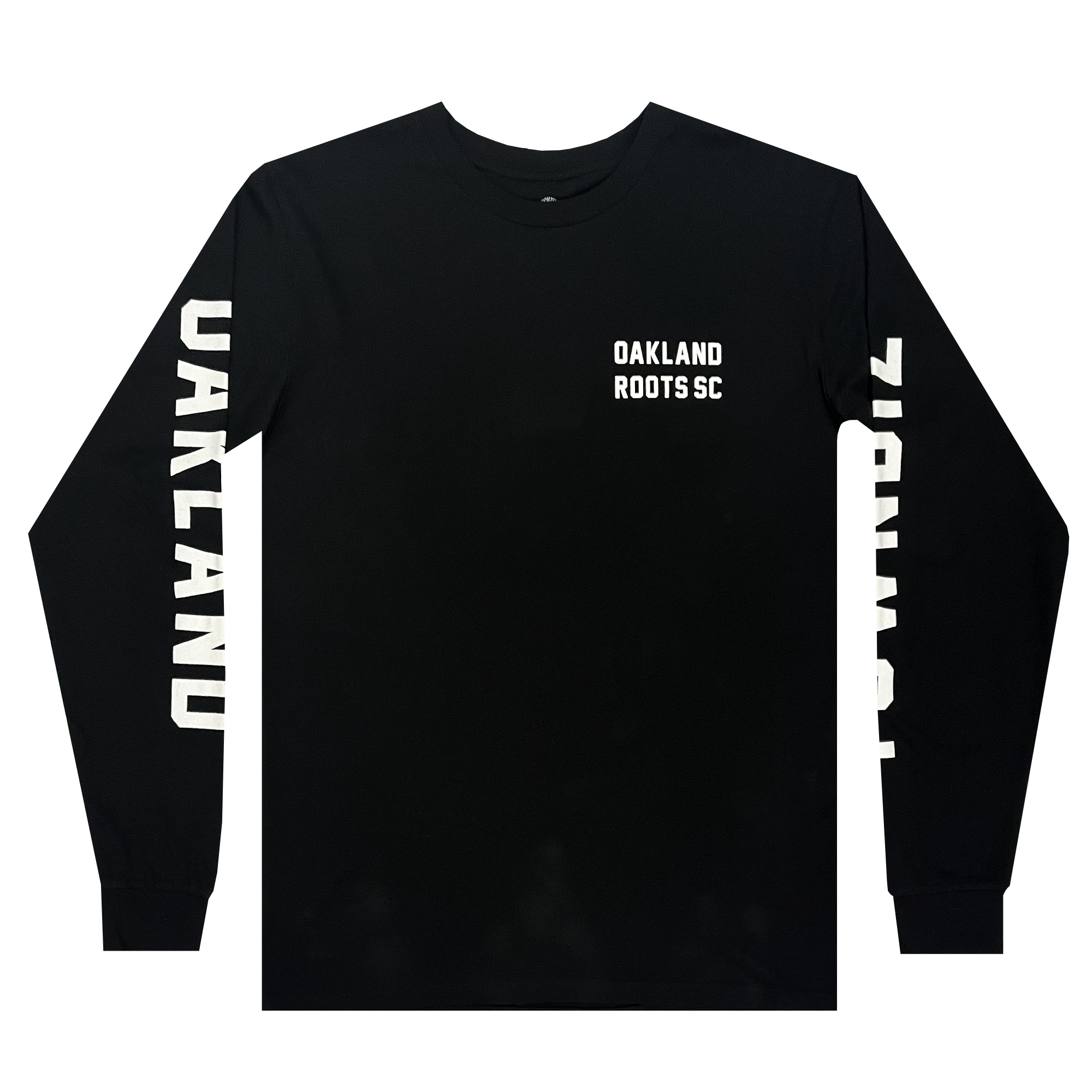 The Oakland Roots SC Classic 2.0 LS Tee, by Oakland Roots SC, is a black long sleeve t-shirt featuring the text "OAKLAND ROOTS SC" on the left chest area. "OAKLAND" is printed vertically in large white letters on the right sleeve, and "ROOTS" decorates the left sleeve. Perfect for any Oakland Roots sports club fan.