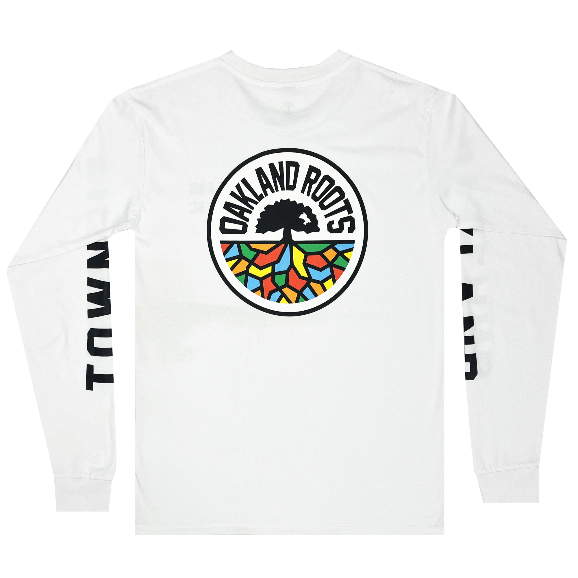 Back view of white long-sleeve shirt with a large round multi-color Oakland Roots SC logo.