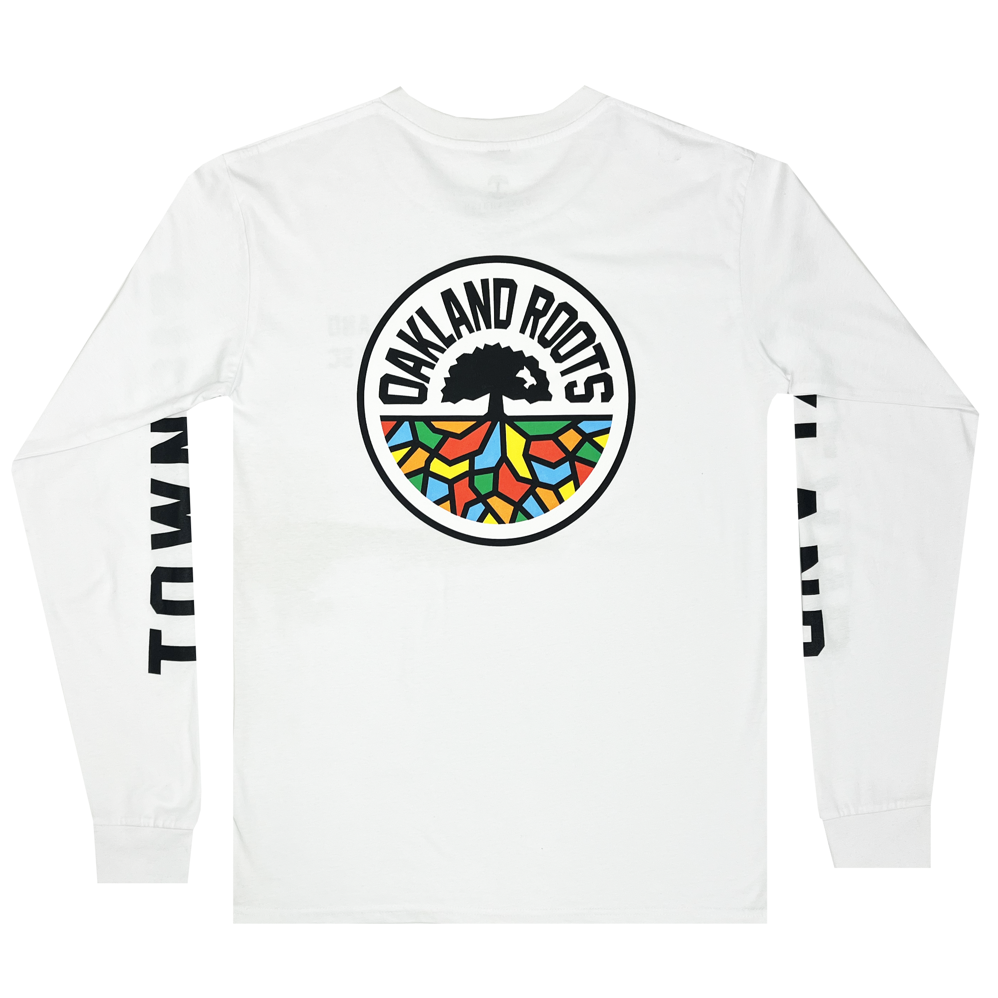 The Oakland Roots SC Classic 2.0 LS Tee, a white long-sleeve t-shirt from the Oakland Roots SC brand, features the sports club's logo—a tree with colorful roots—prominently on the back and has "TOWN" printed in large black letters down both sleeves.