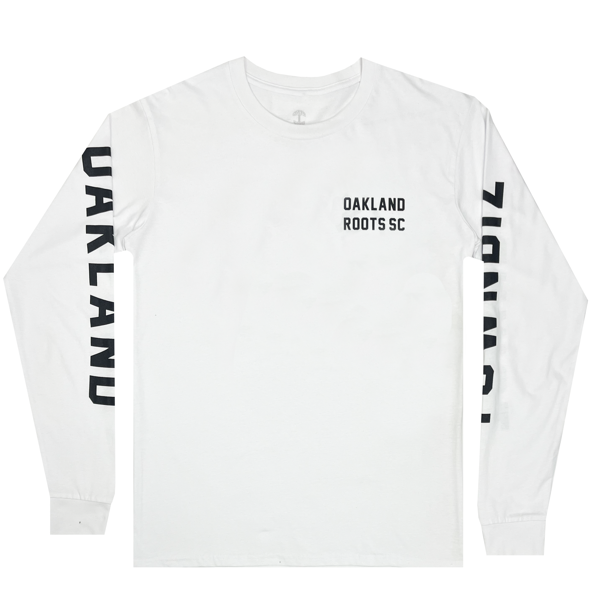 Front view of white long-sleeve shirt with black OAKLAND ROOTS SC on the chest. 