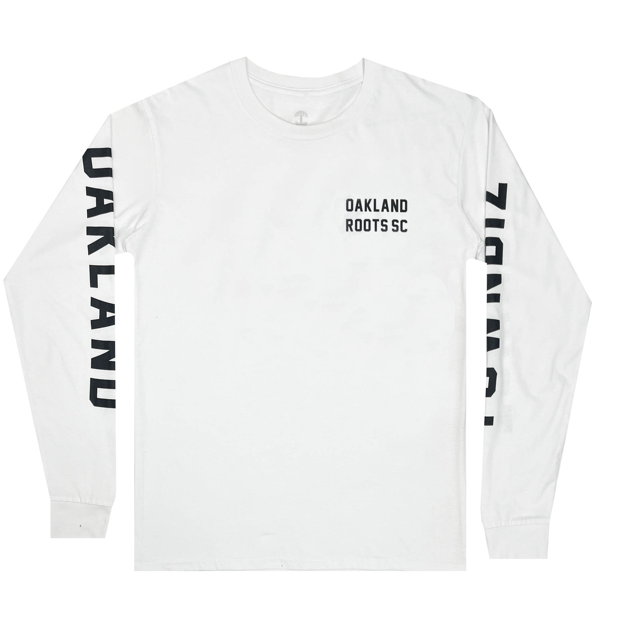 The Oakland Roots SC Classic 2.0 LS Tee features a white long-sleeve design with "OAKLAND ROOTS SC" printed in black on the upper left chest area. The word "OAKLAND" runs vertically down the length of both sleeves in bold black letters, making it the perfect apparel to showcase your support for Oakland Roots SC.