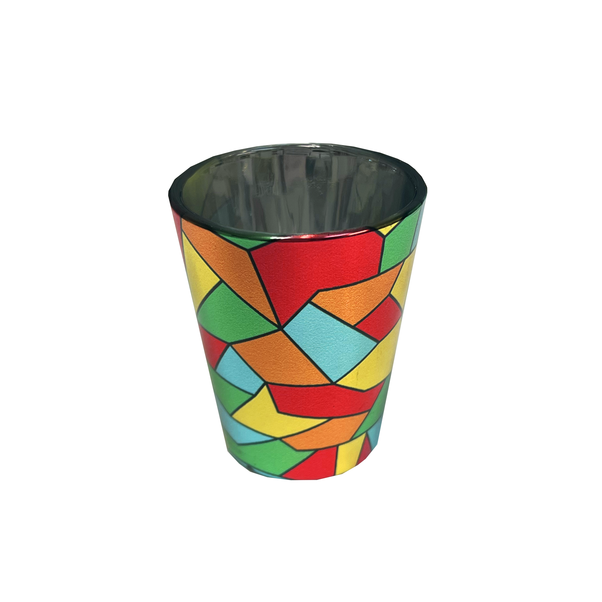 Introducing the Oakland Roots SC Mosaic Shot Glass: a tapered metallic shot glass showcasing a vibrant, abstract geometric mosaic design with interlocking shapes in red, yellow, blue, and green. The silver rim and reflective silver interior perfectly capture the spirit of the Oakland Roots Sports Club.