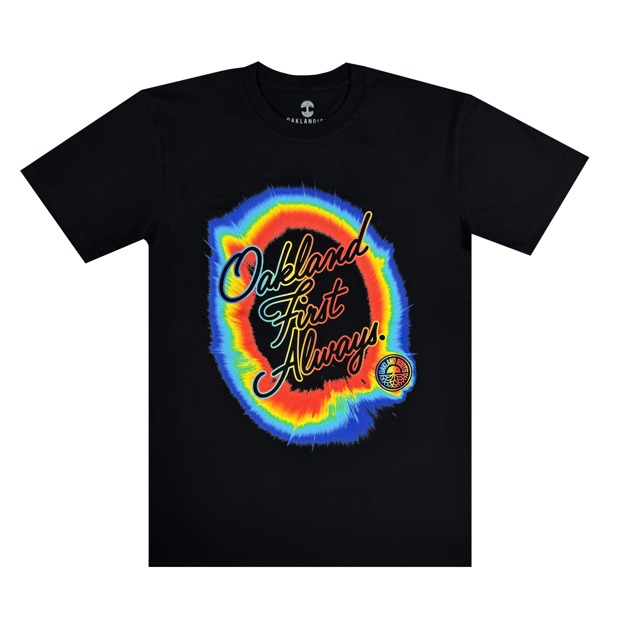 The OFA Rad Roots Tee by Oakland Roots SC is a black T-shirt with a vibrant tie-dye-style circle in blue, green, yellow, and red. “Oakland First Always.” appears in white and red script, honoring the club and the city’s spirit of social good.