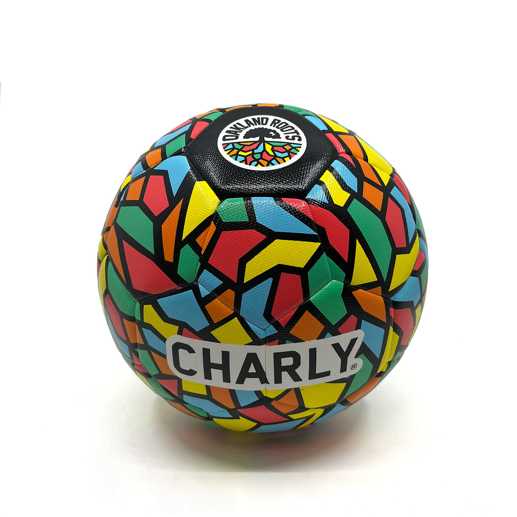 Size 5 soccer ball with mosiac design and Oakland Roots SC Crest. Charly in block text on center of ball.