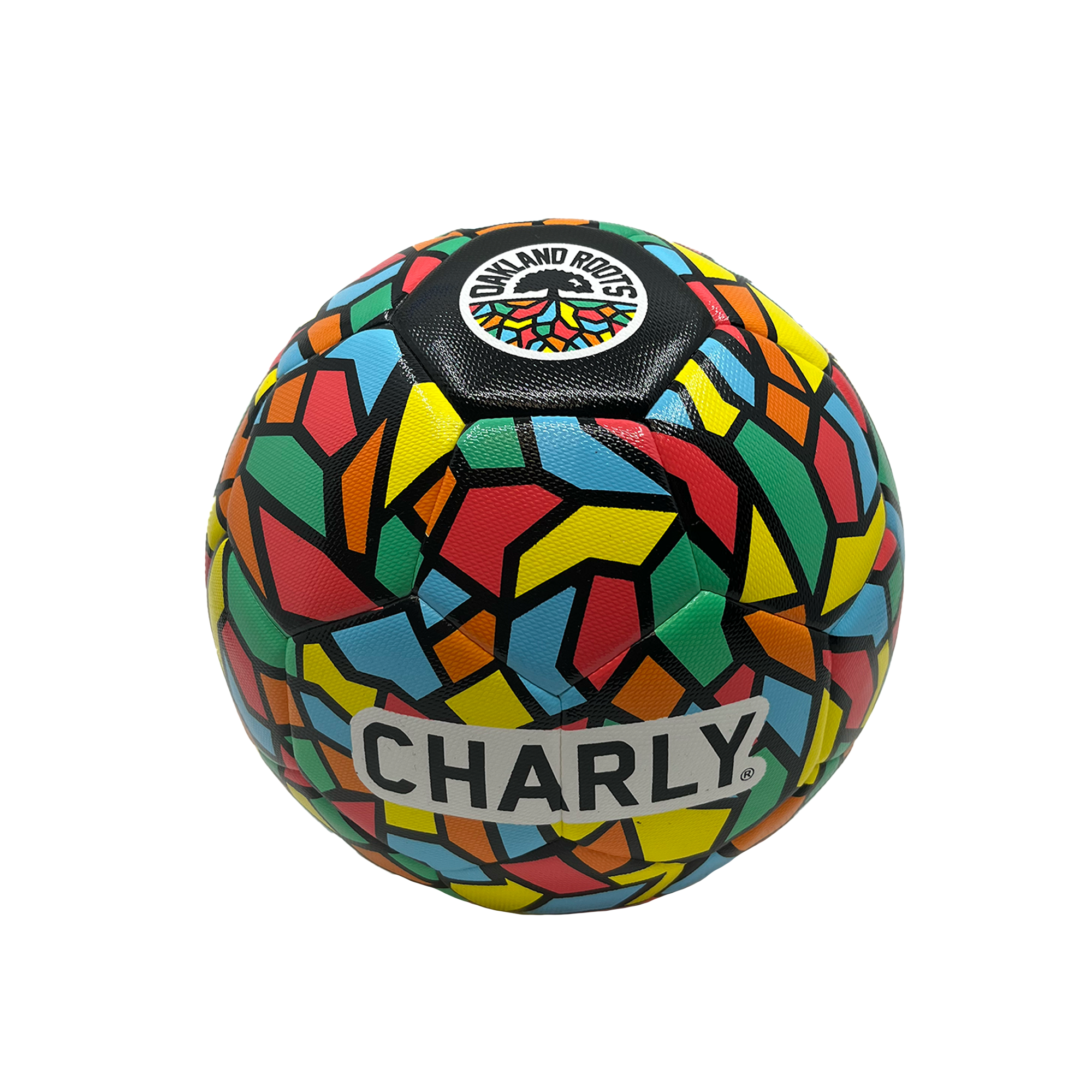 Introducing the Oakland Roots SC x Charly Size 5 Soccer Ball, featuring a vibrant mosaic pattern in red, yellow, blue, green, and black. The top showcases a circular emblem with "OAKLAND ROOTS" alongside a stylized tree logo. Below this emblem, on a white background, the word "CHARLY" is prominently displayed in bold, black letters. This collaboration between Oakland Roots SC and Charly captures team spirit perfectly.