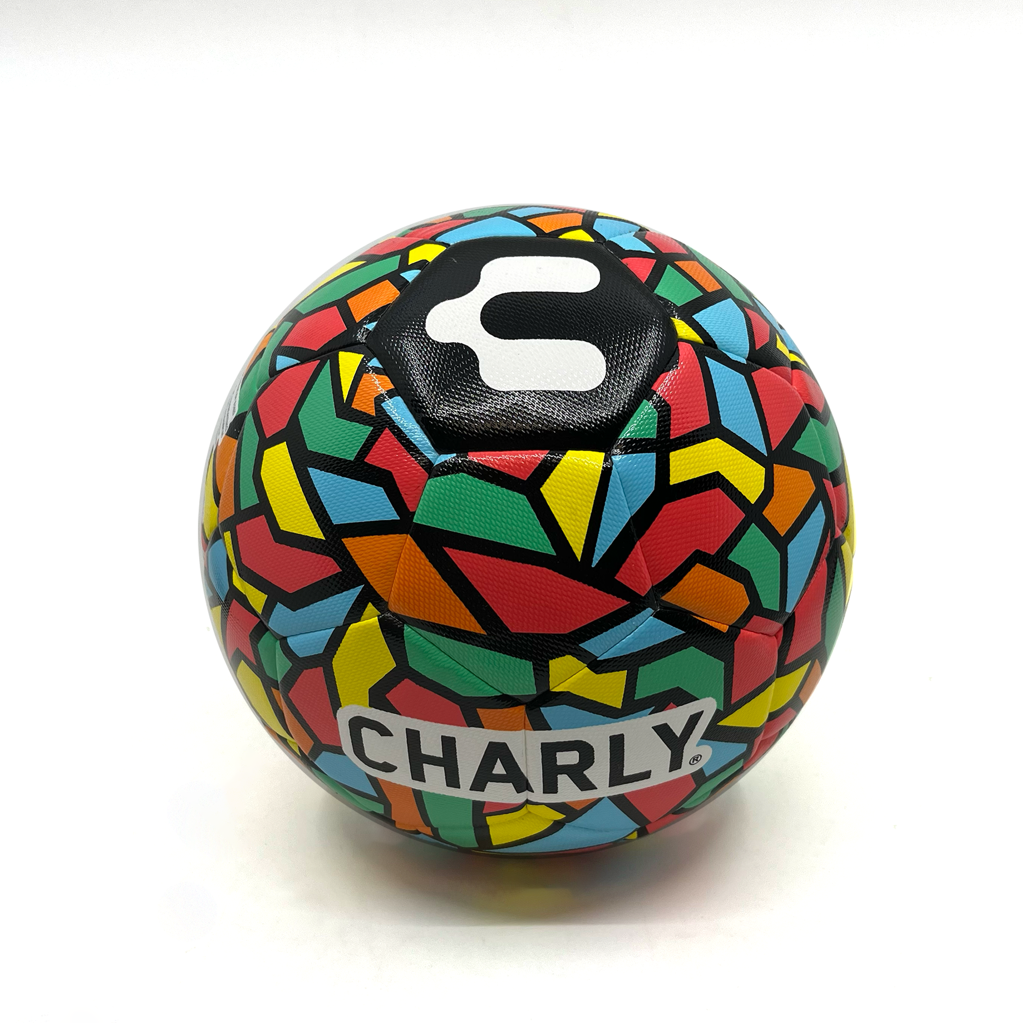 Size 5 soccer ball with Charly logo on top with Charly text on center of ball.