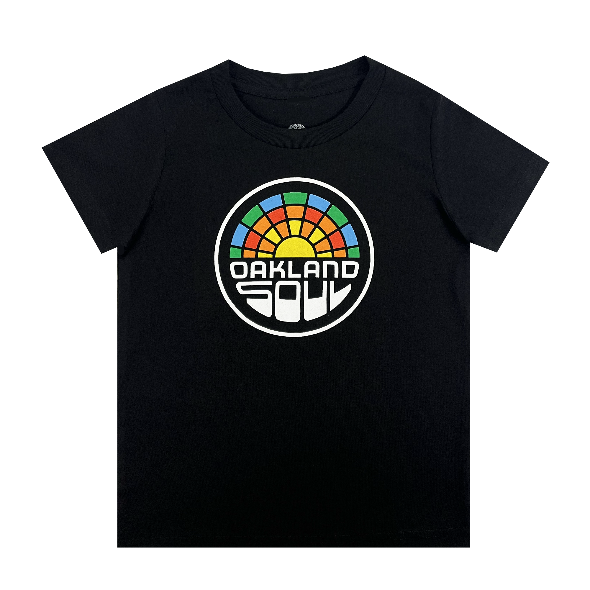 Front view of black toddler's t-shirt with full-color Oakland Soul Women's Soccer Club logo.