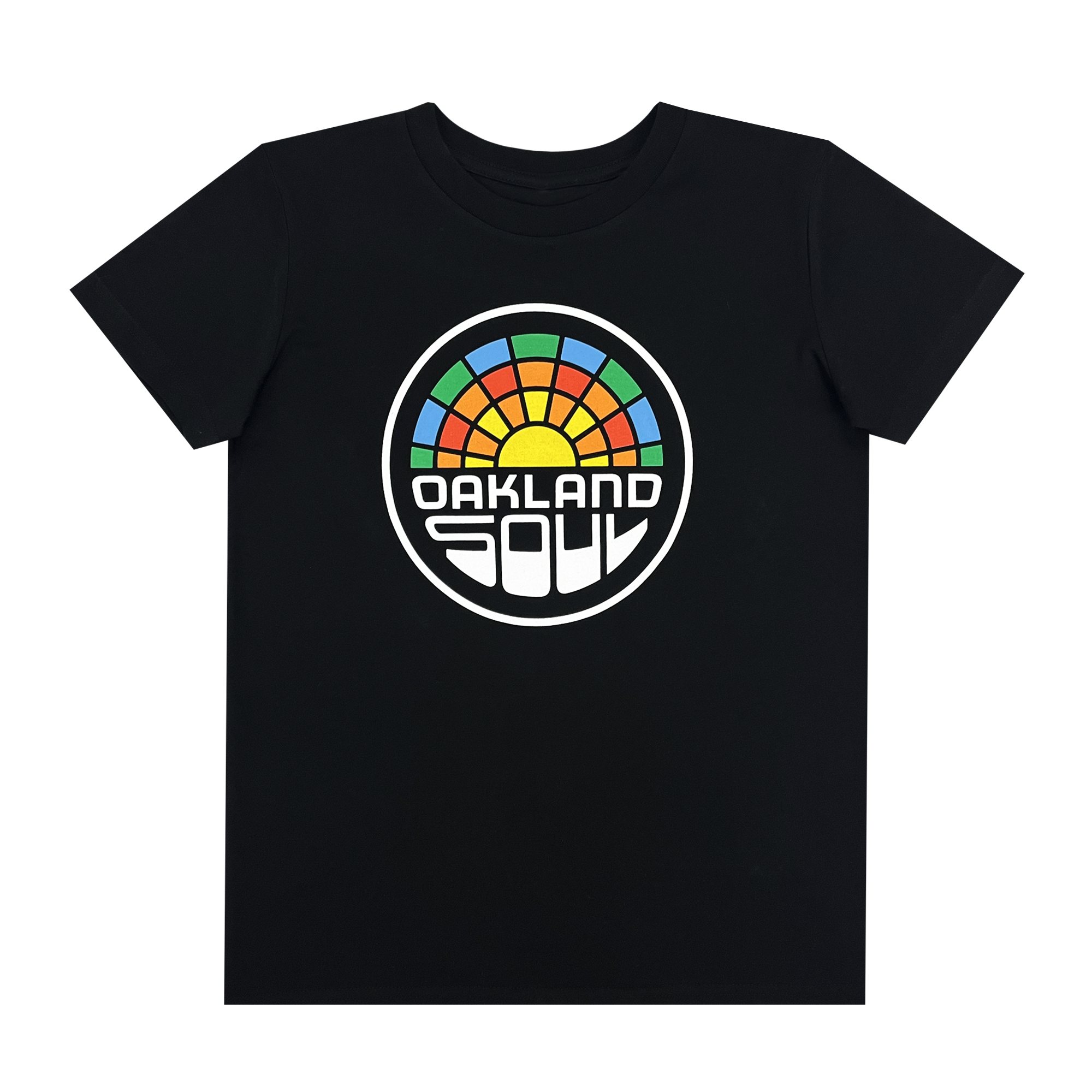 A black youth  t-shirt with a large multi-color Oakland Soul logo on the chest. 