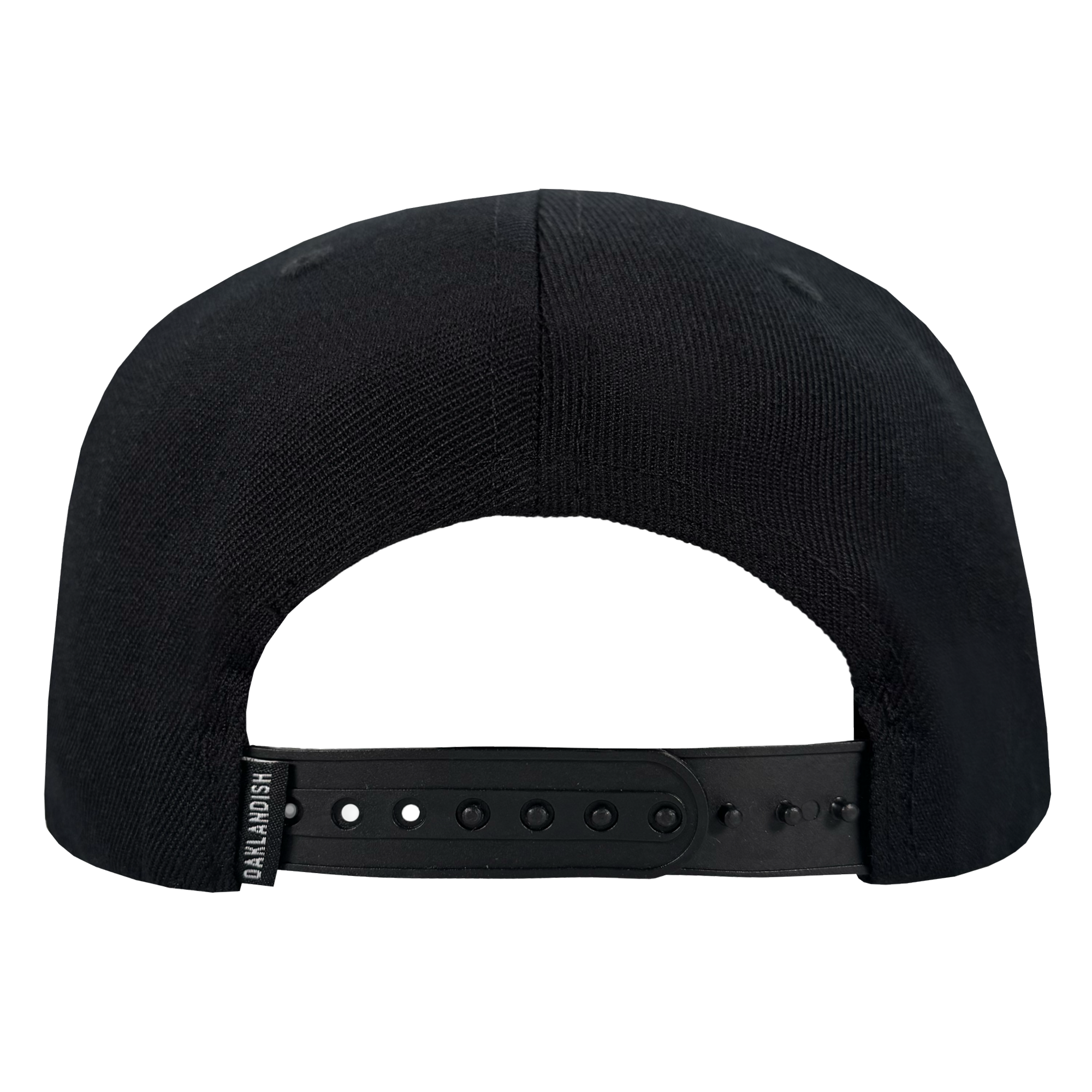 The image shows the back view of the Oakland Roots SC Structured Snapback by Oakland Roots SC. It features a black textured fabric, a plastic adjustable snapback closure, and a small black tag with white text attached to the strap.