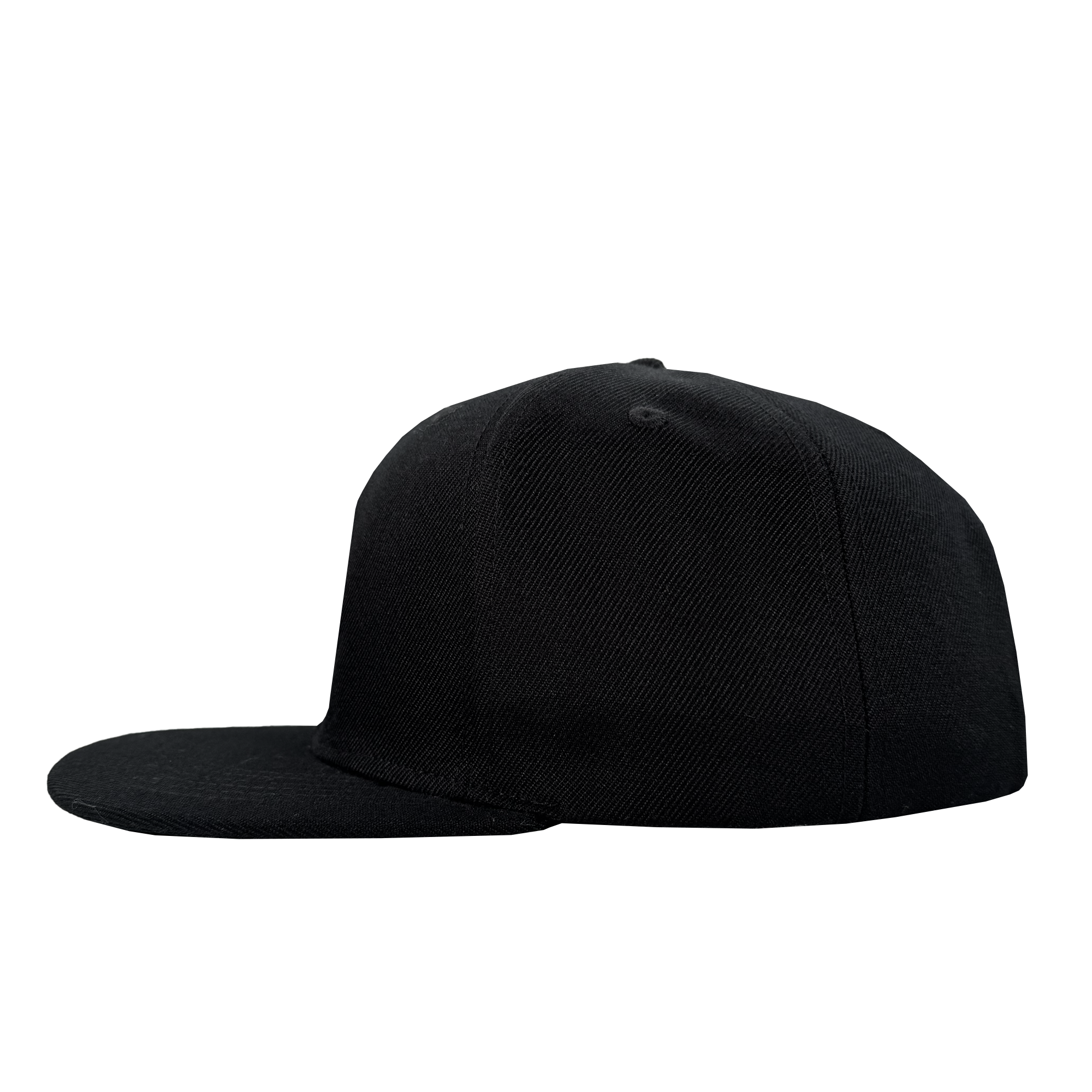 The Oakland Roots SC Structured Snapback, by Oakland Roots SC, is a plain black cap with a flat brim and structured crown. Made from textured fabric, it appears unworn and undecorated, perfect for fans. Shown from the side on a white background.