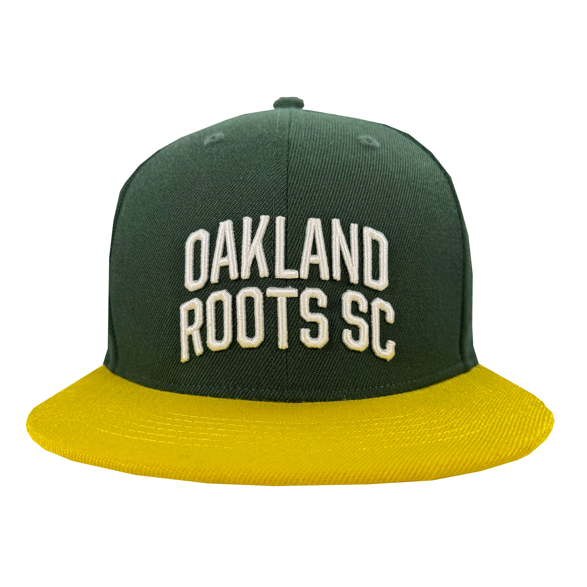 The Oakland Roots SC Arch Text Snapback is a green hat with a bright yellow brim and large white "OAKLAND ROOTS SC" embroidery on the front, shown centered against a plain white background. Brand: Oakland Roots SC.