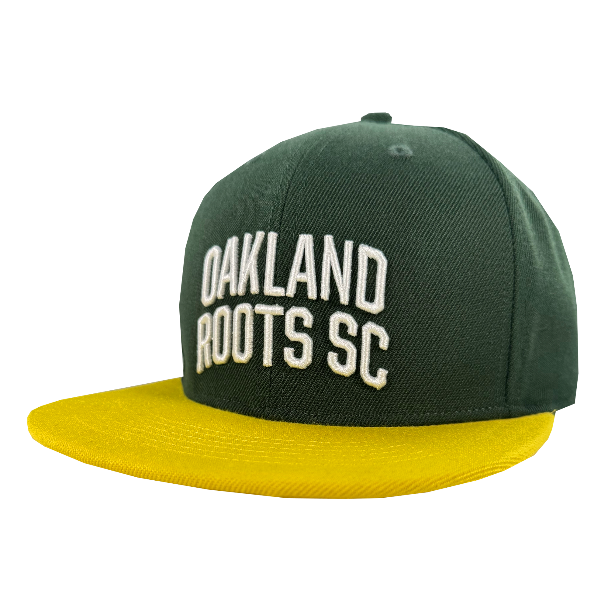 The Oakland Roots SC Arch Text Snapback, by Oakland Roots SC, is a dark green snapback hat with a bright yellow flat brim and bold white embroidered "OAKLAND ROOTS SC" text on the front, shown angled against a plain white background.