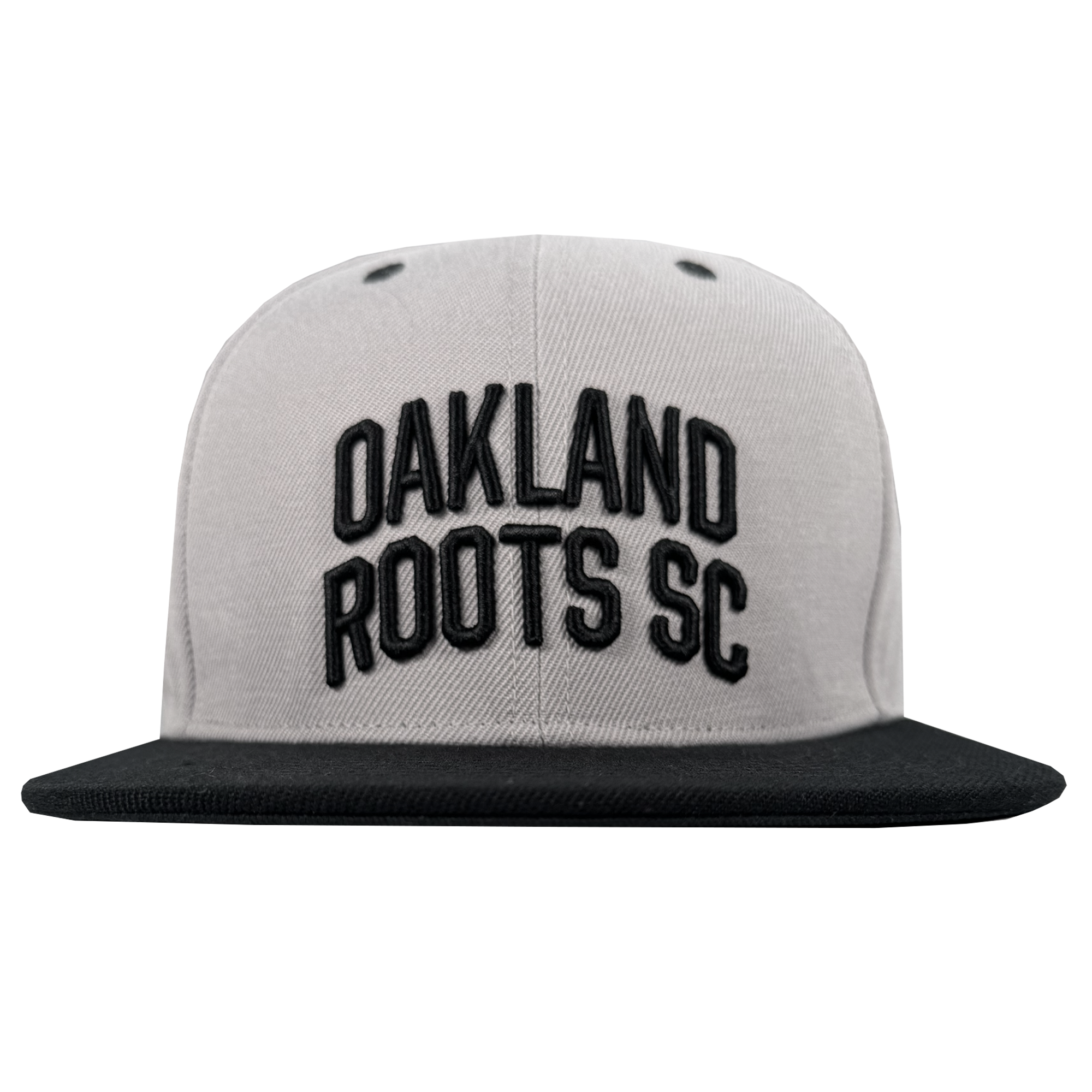 The Oakland Roots SC Arch Text Snapback by Oakland Roots SC features a gray crown, black brim, and bold black "OAKLAND ROOTS SC" embroidery on the front. Photographed head-on against a white background.