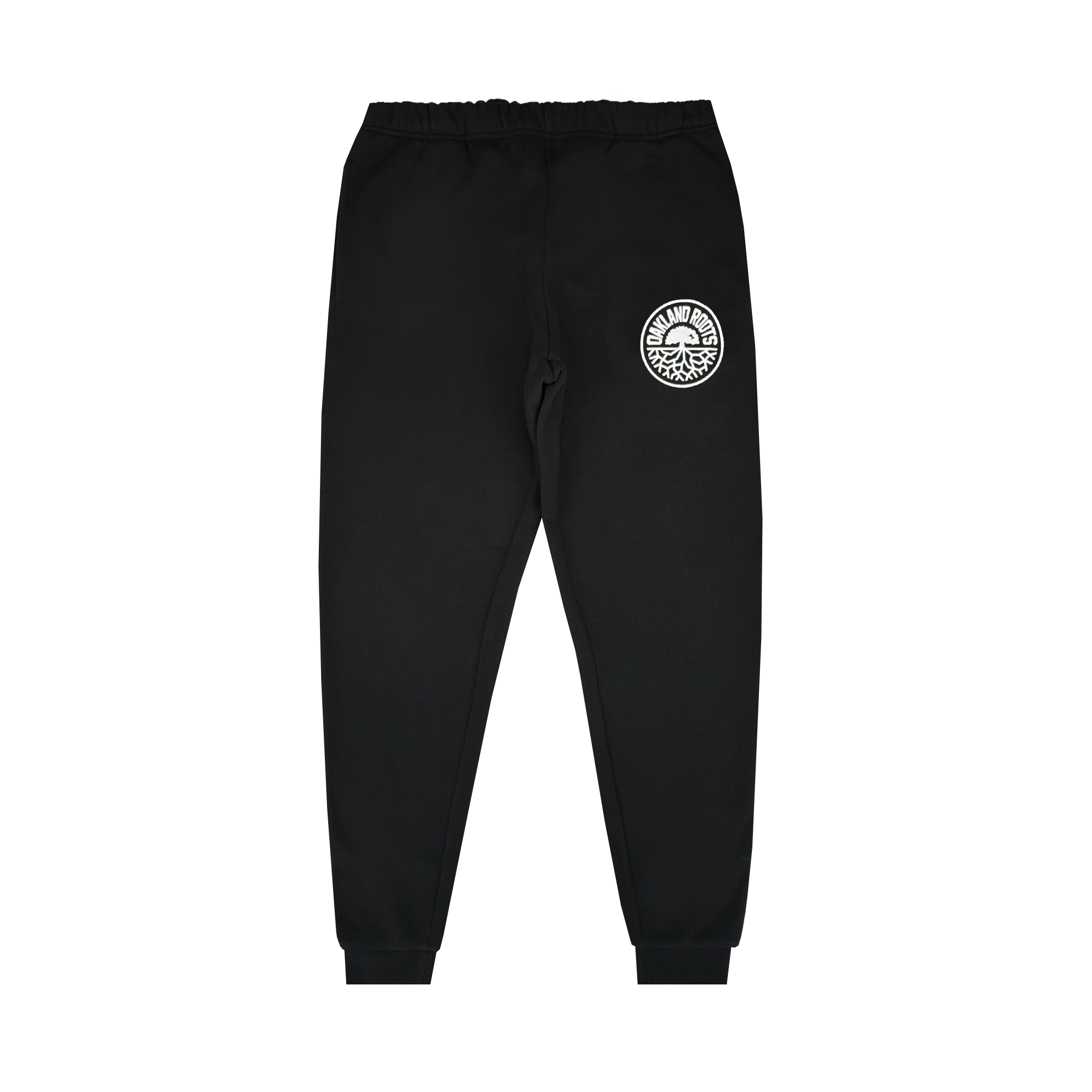 The Oakland Roots SC University Pant for men features an elastic waistband and cuffs, a relaxed fit, and a white Oaklandish tree logo on the left thigh. Displayed flat on a white background. Brand: Oakland Roots SC.