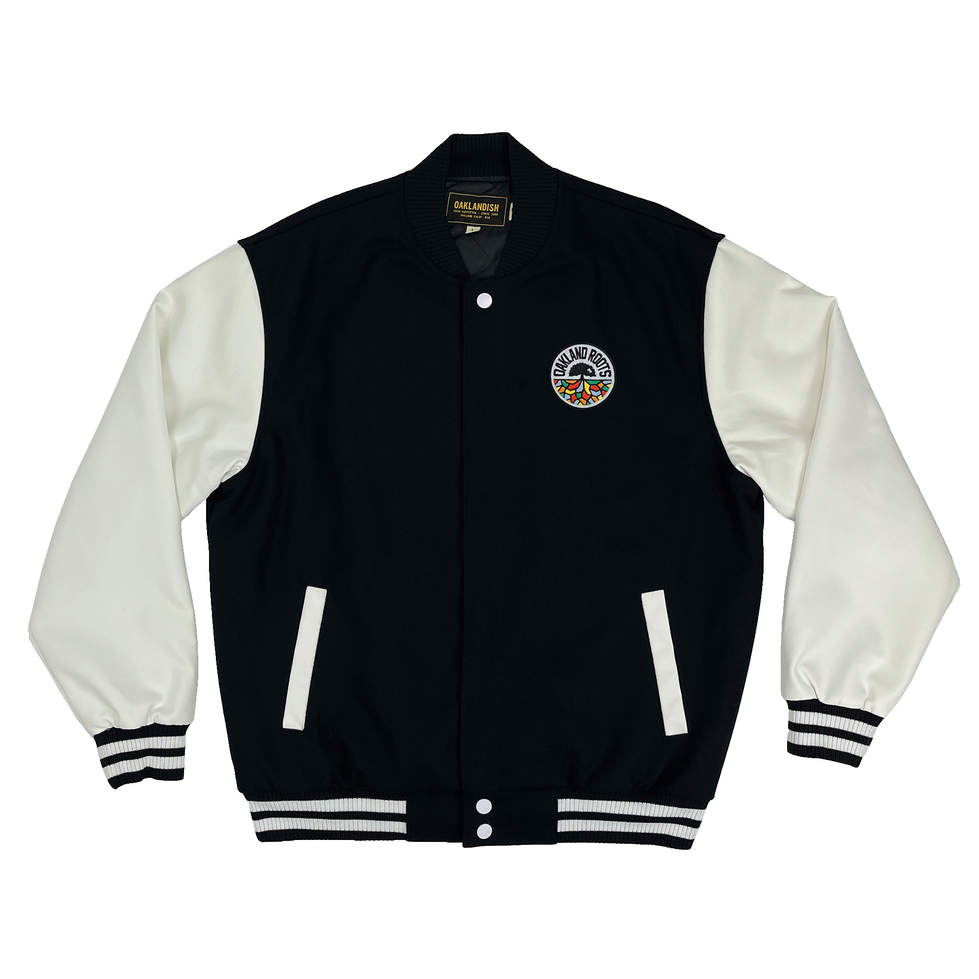 Black varsity jacket with white sleeves and black and white striped trim with full-color Oakland Roots logo on the left chest wearside.