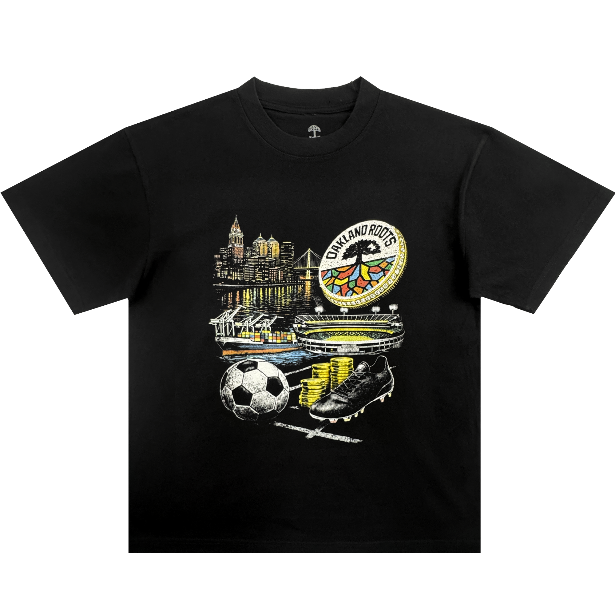 The Wager Tee by Oakland Roots SC is a black t-shirt featuring a vibrant graphic with the Oakland skyline, Roots SC crest, soccer ball, cleats, coins, gold chains, and a stadium—celebrating Oakland soccer culture.