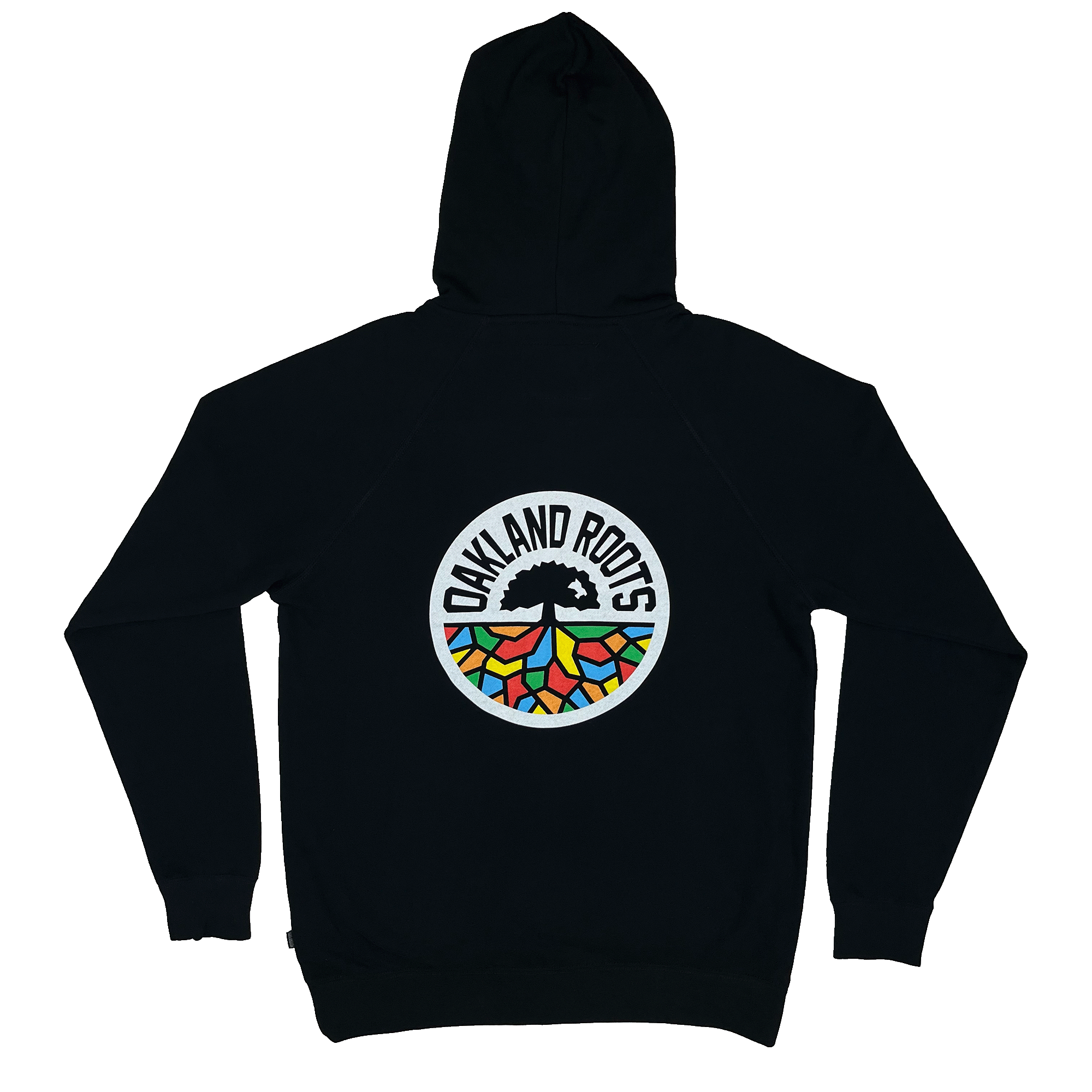 Backside of black hoodie with full color Oakland Roots circle mosaic tree logo on the back.