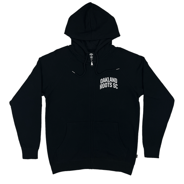 Black zip-up hoodie with white OAKLAND ROOTS  SC wordmark on the chest.
