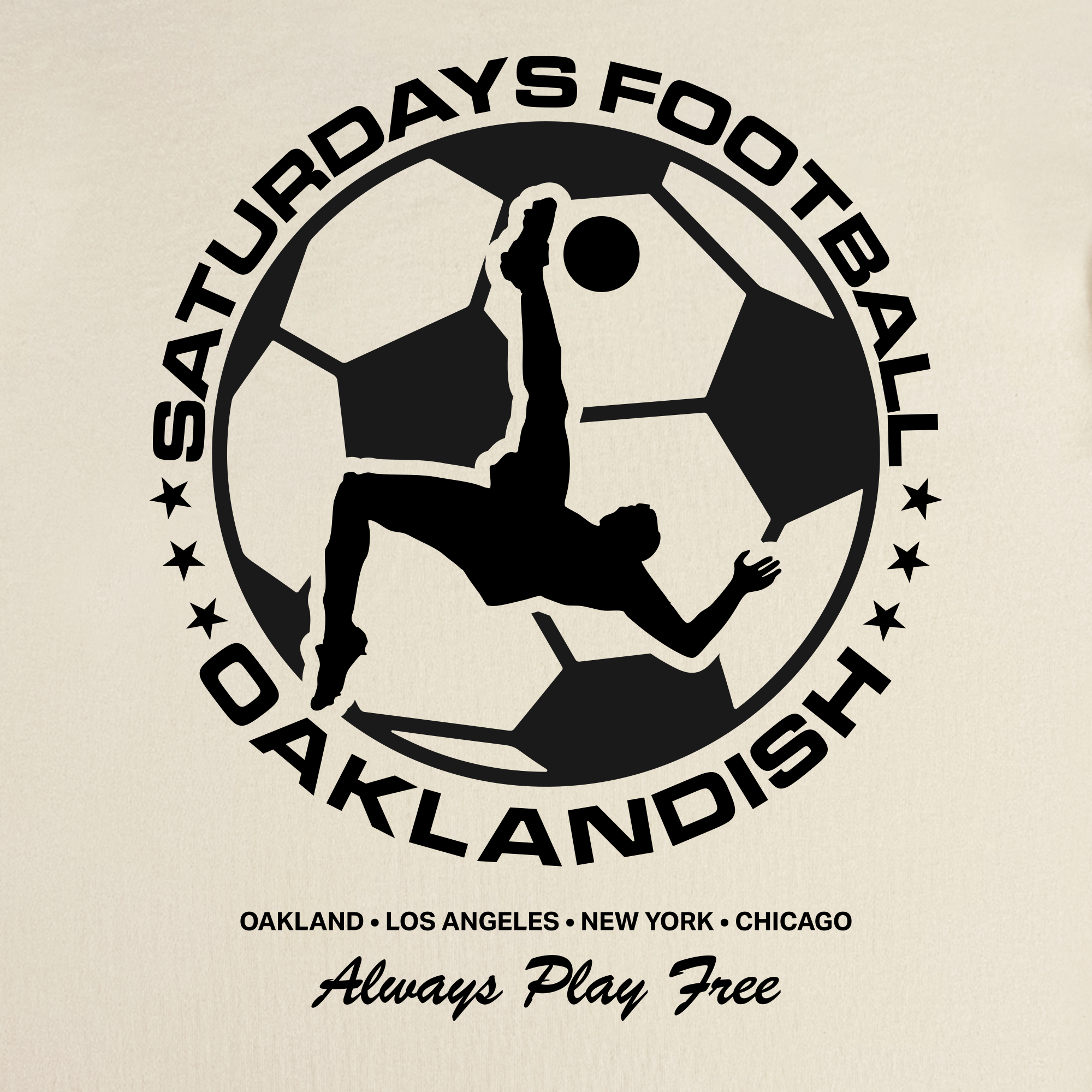 The Saturdays Football Play Free Tee by Oaklandish features a black soccer player silhouette doing a bicycle kick over a soccer ball, with “SATURDAYS FOOTBALL OAKLANDISH” circling the design and city names below. Made from 100% cotton.