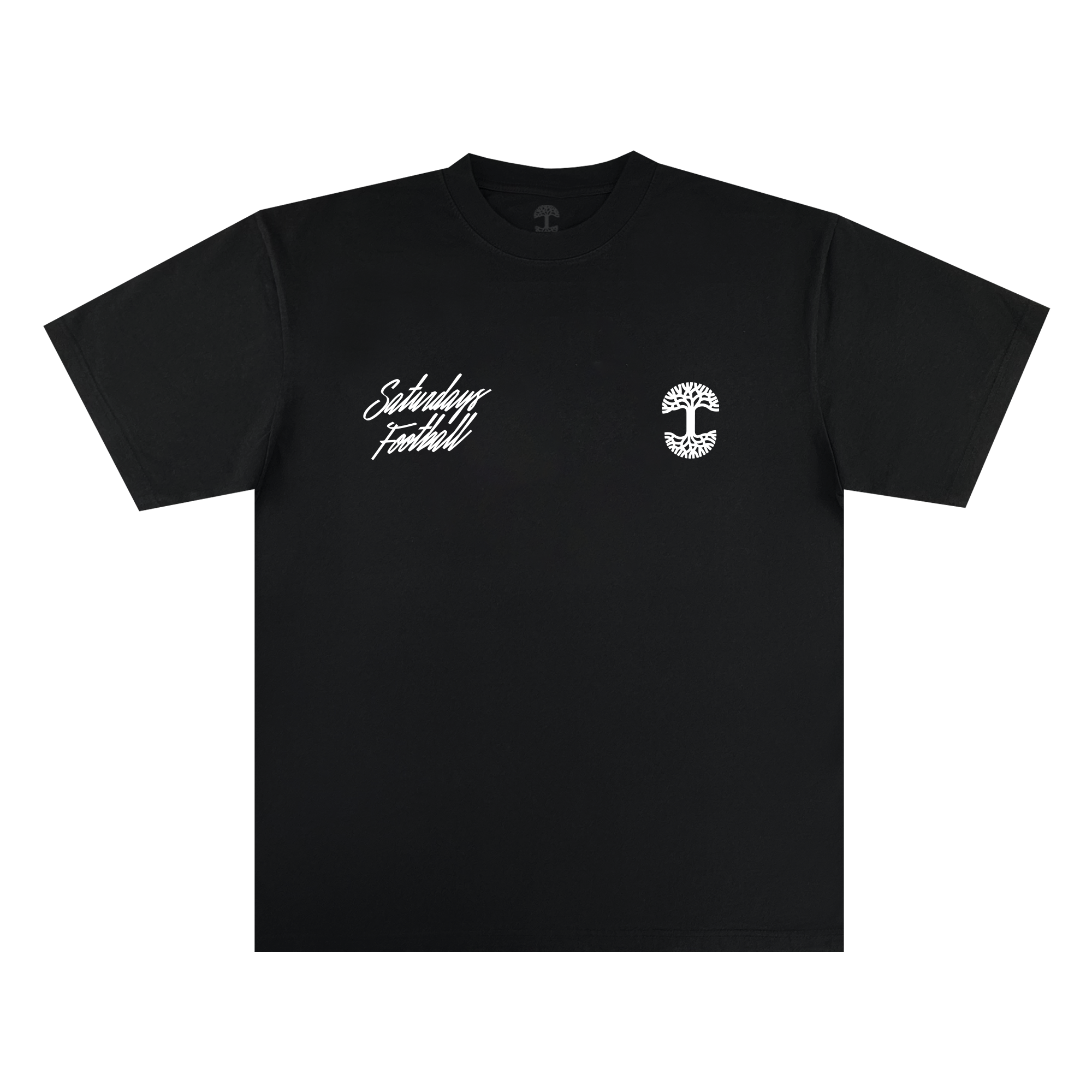 The Saturdays Football World Class Tee by Oaklandish is a classic fit black men’s t-shirt, made from 100% cotton. It features “Straydog Football” in white on the left chest and a small “S” spot logo on the right, set against a plain white background.