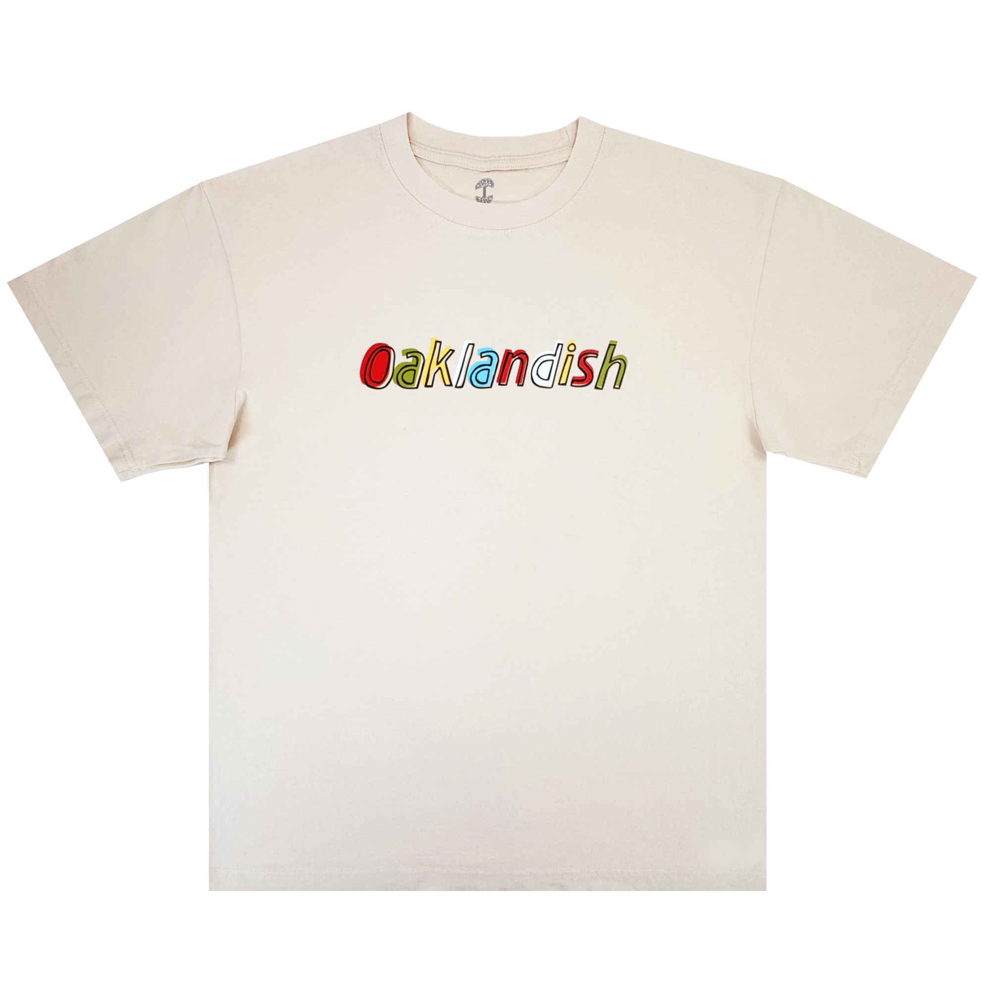 The Scrawl Tee by Oaklandish is a classic-fit men’s t-shirt in off-white, featuring colorful, outlined "Oaklandish" lettering on the chest. Made from heavy-weight cotton, it has short sleeves and a crew neckline for comfort and style.