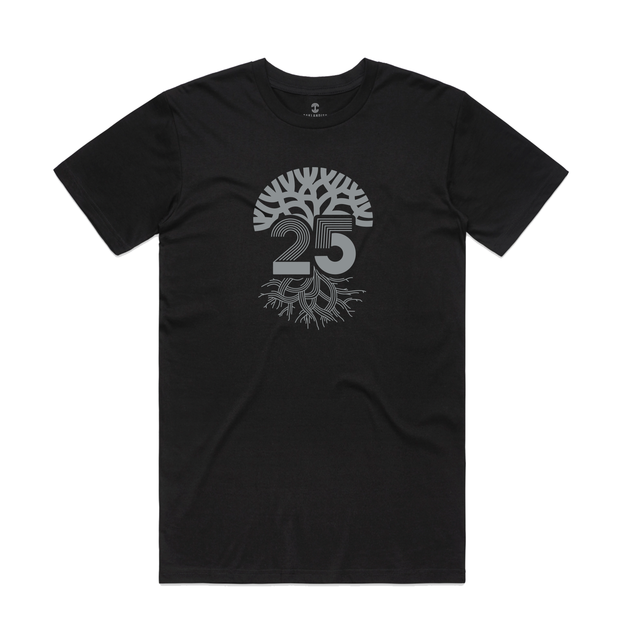The Oaklandish Silver Anniversary Tee features a classic fit with a bold, light gray tree graphic and the number “25,” celebrating 25 years in signature Oakland T-shirt style.