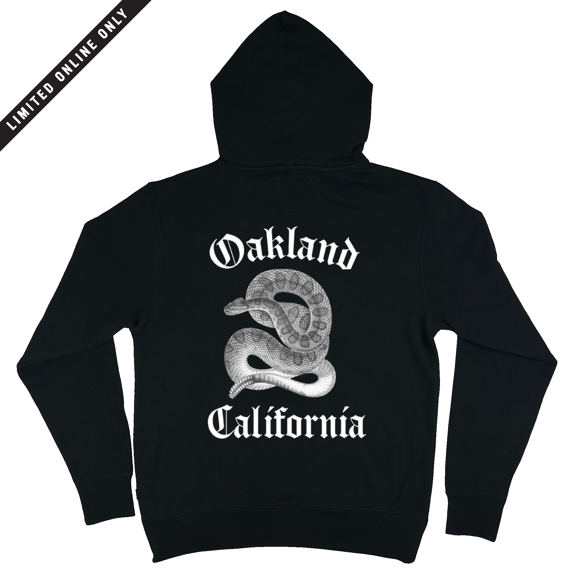Back view of black pullover hoodie with Oakland California text and snake with Limited Online Only sash.