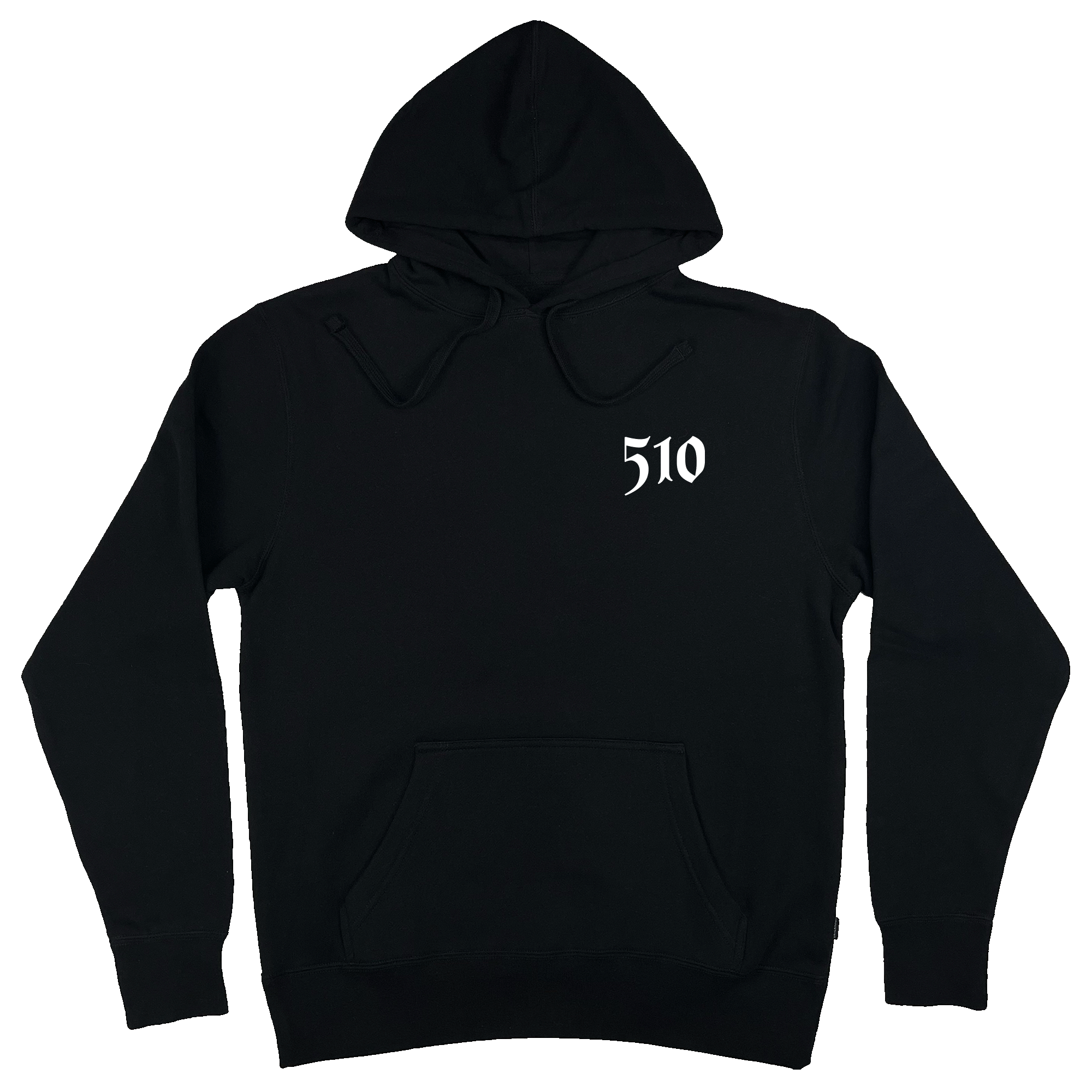 Front view of black pullover hoodie with 510 in white on front left chest.