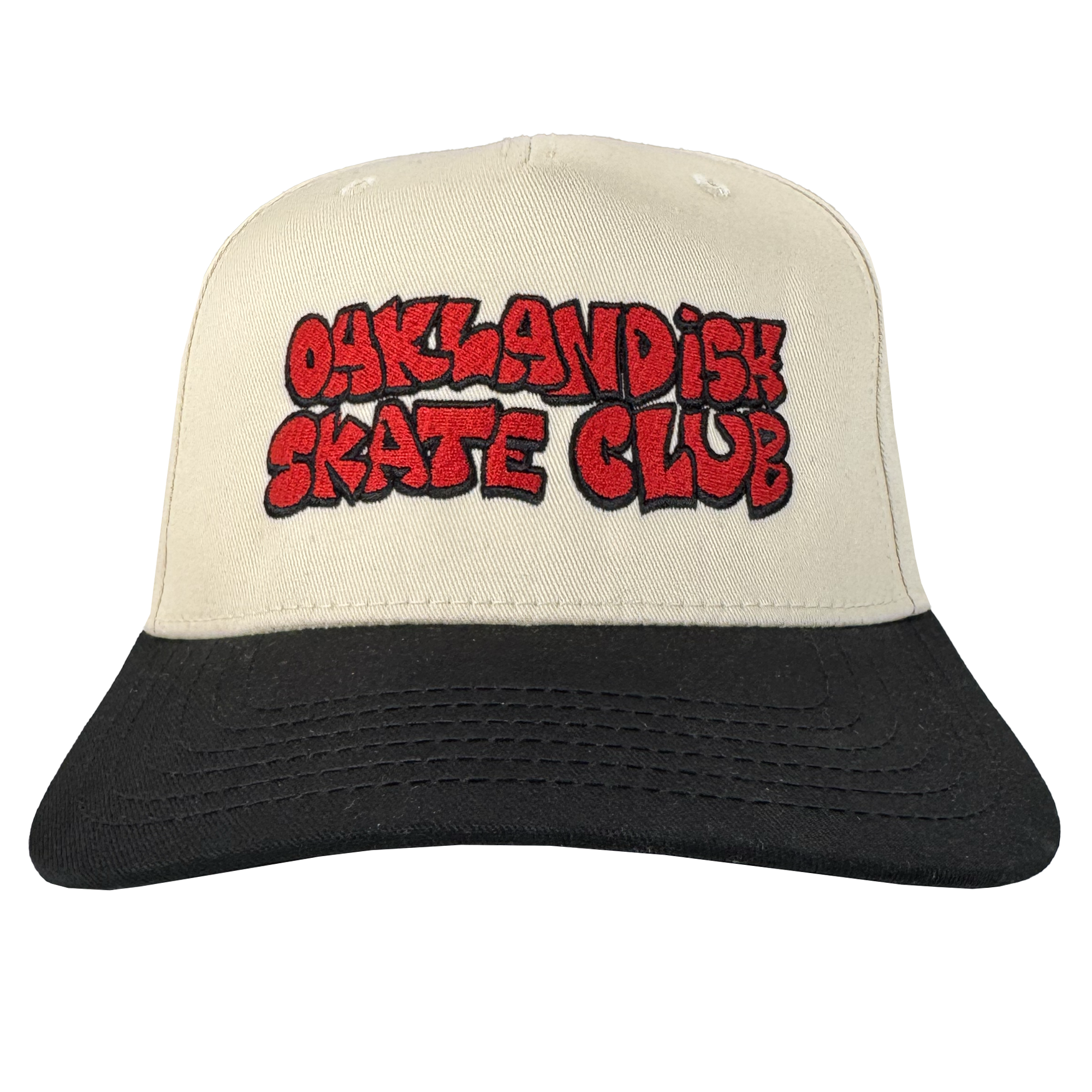 The Oaklandish Skate Club 2-Tone Hat by Oaklandish features a white crown, black brim, and bold red "OAKLANDISH SKATE CLUB" graffiti text outlined in black for a true skateboard style. Plain white background.
