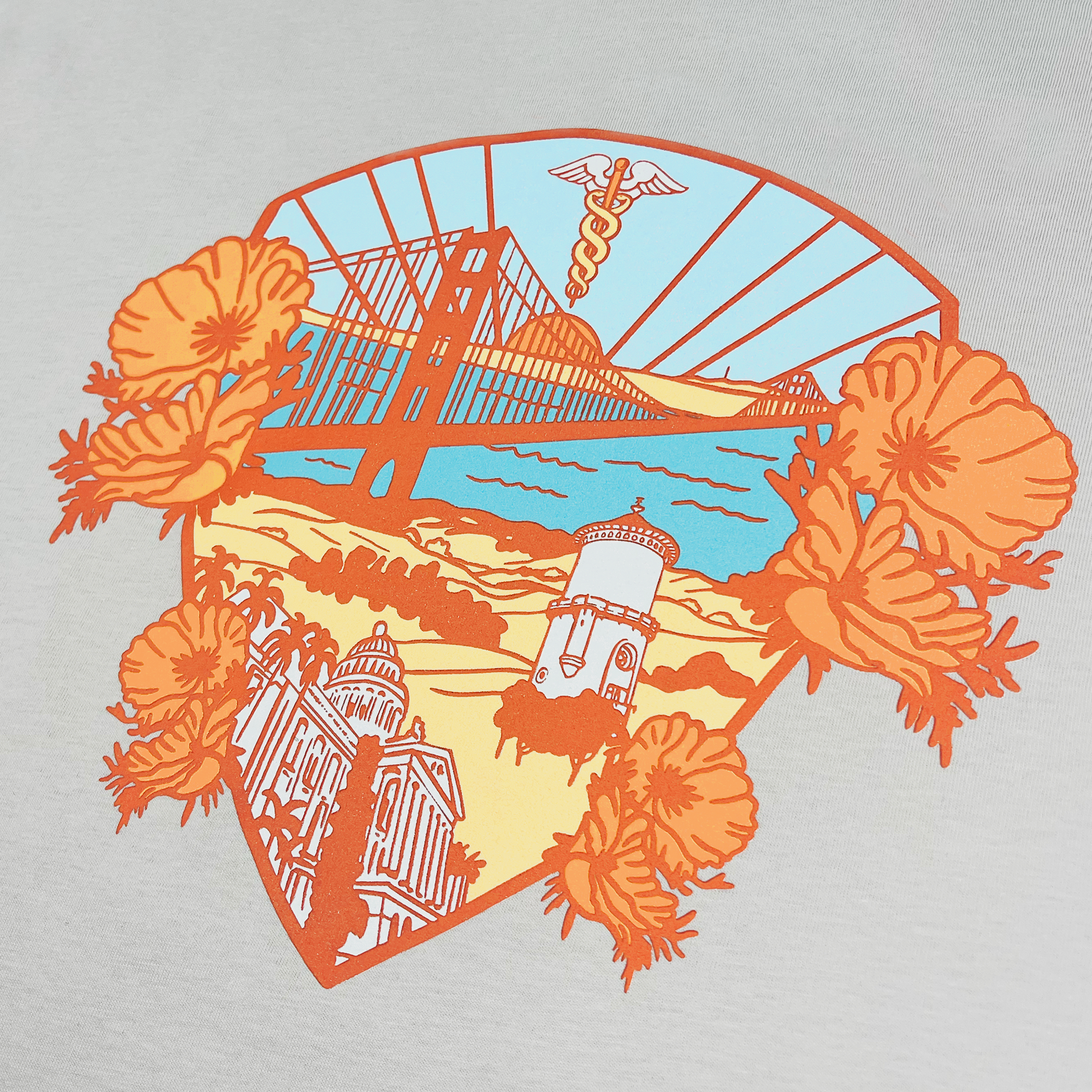 The SMU College of Nursing Tee by Oaklandish showcases a vibrant graphic set against a white or light gray background. The design highlights an intricate, shield-like shape with an orange border. Inside the shield, notable landmarks such as the Golden Gate Bridge and a white tower symbolize SMU College of Nursing's dedication to healthcare excellence. The design is further enhanced with surrounding orange poppy flowers and a caduceus symbol.