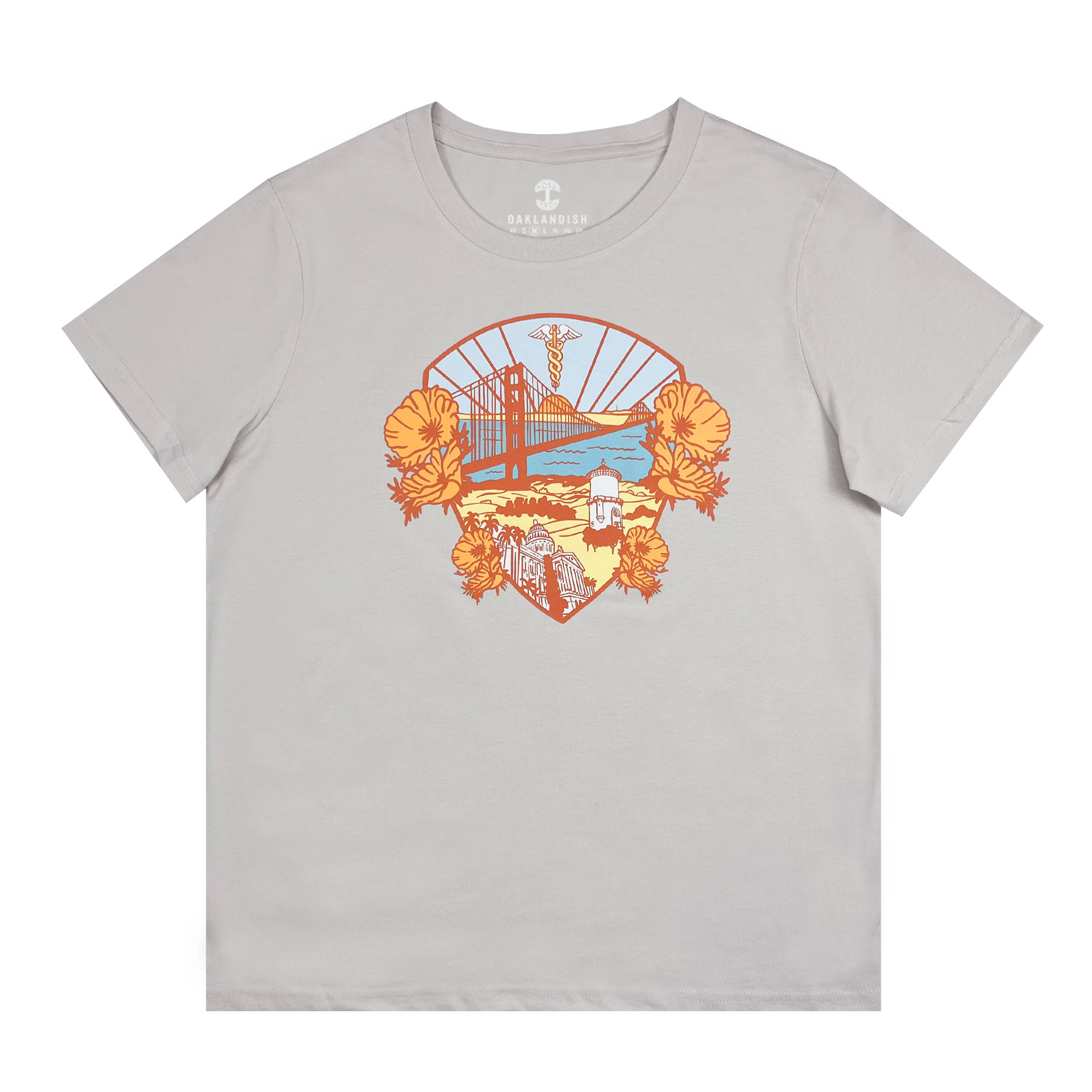 The Women's SMU College of Nursing Tee by Oaklandish is a light gray T-shirt adorned with a colorful graphic on the front. The design showcases the Golden Gate Bridge, poppies, a hiker, and a scenic coastal view with mountains and the ocean. Ideal for SMU Nursing students, the dynamic artwork in shades of orange and blue offers a contemporary aesthetic.