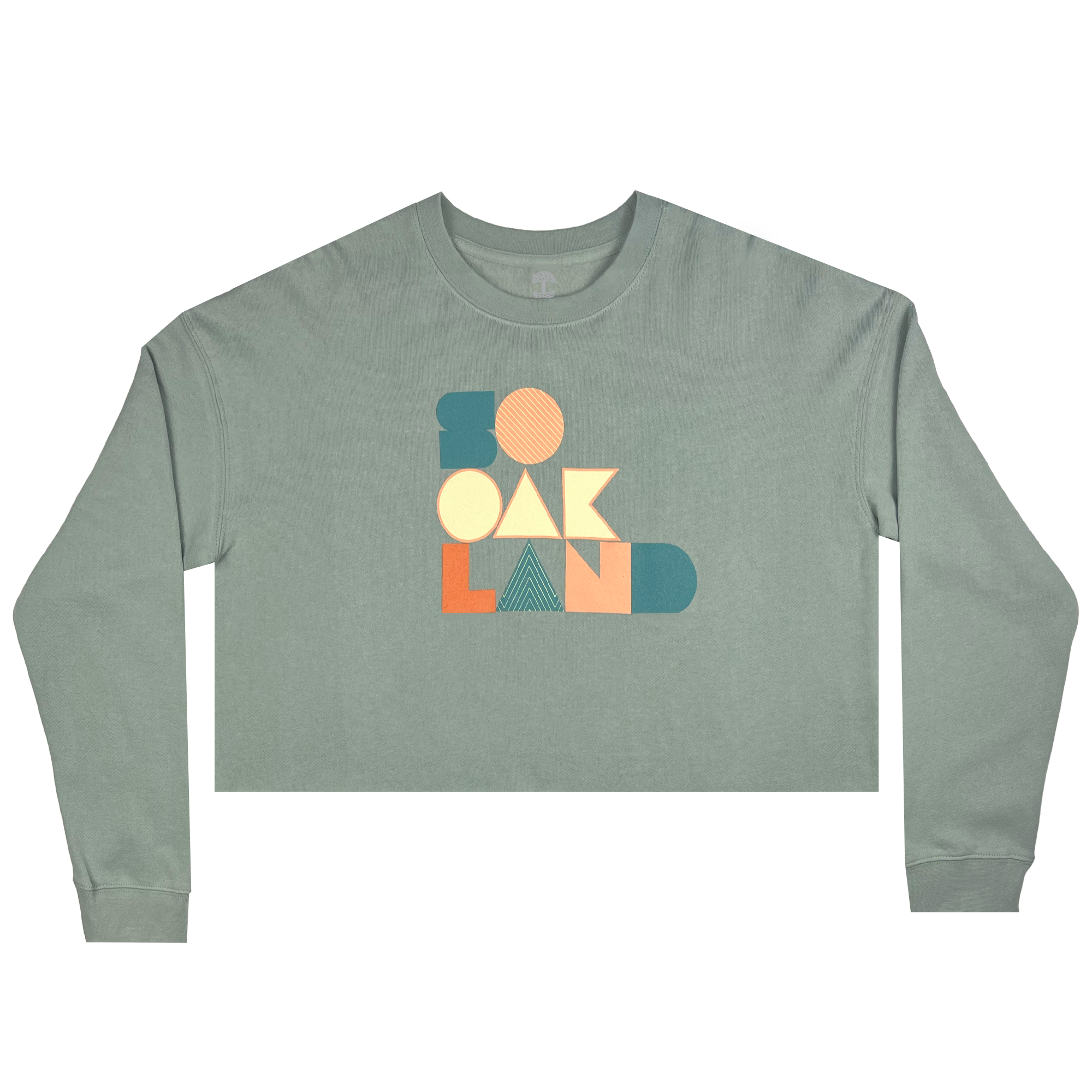 Cropped crewneck sage green sweatshirt with a full-color SOOAKLAND graphic wordmark on the front chest.
