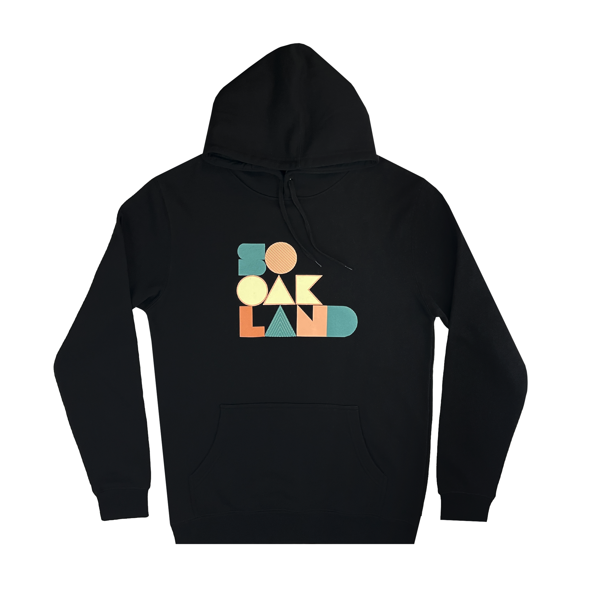 Black pullover hoodie with large multi-color SOOAKLAND graphic wordmark on the back.