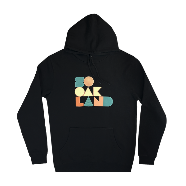 Black pullover hoodie with large multi-color SOOAKLAND graphic wordmark on the back.