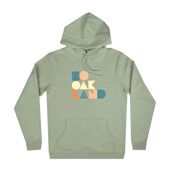 Pistachio pullover hoodie with large multi-color SOOAKLAND graphic wordmark on the back.