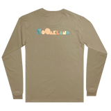 The backside of a sand-colored long-sleeved t-shirt with full-color SOOAKLAND graphic wordmark.