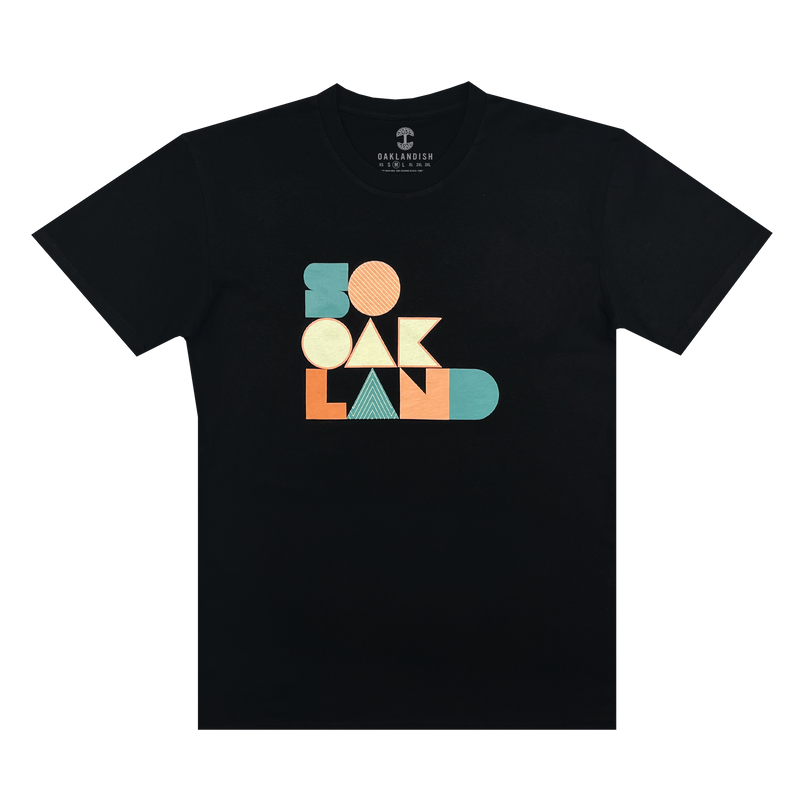 Black t-shirt with large SoOakland full color wordmark on front chest.