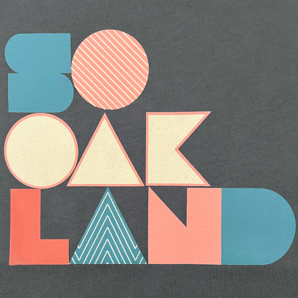 Detailed close-up of full-color SOOAKLAND graphic wordmark on front chest of charcoal toddler t-shirt.