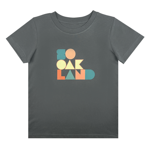 Front view of charcoal toddler t-shirt with full-color SOOAKLAND graphic wordmark on front chest.