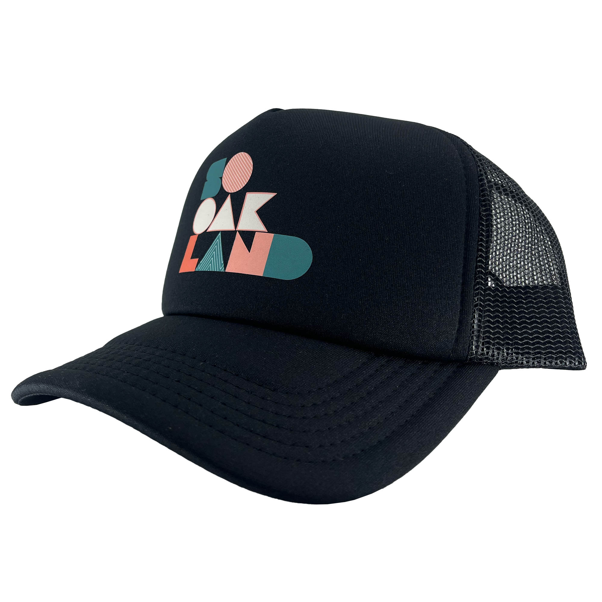 Side view of a black trucker cap with a mesh back and full-color SoOakland wordmark in the crown.